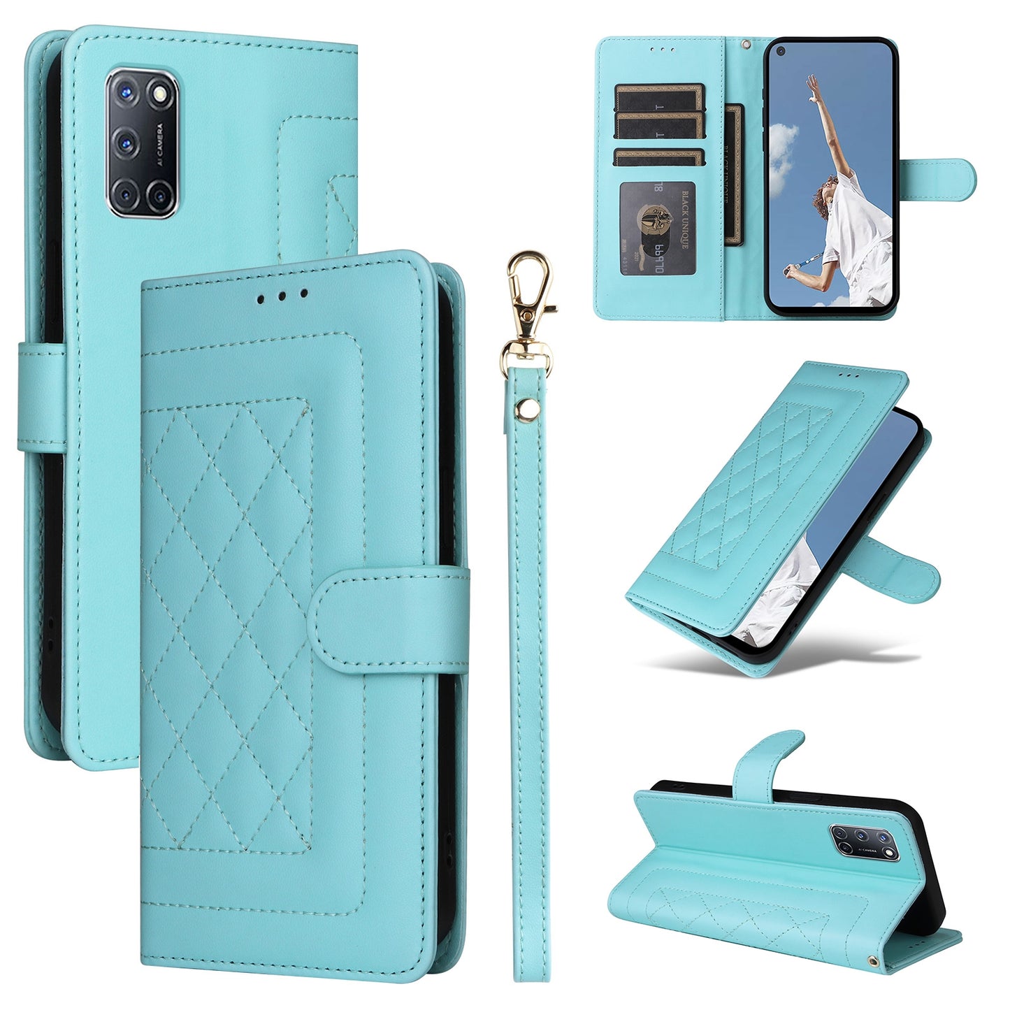OPPO A52 / A72 / A92 Diamond Lattice Leather Flip Phone Case - Durable and Convenient Holder with Precision Cutouts