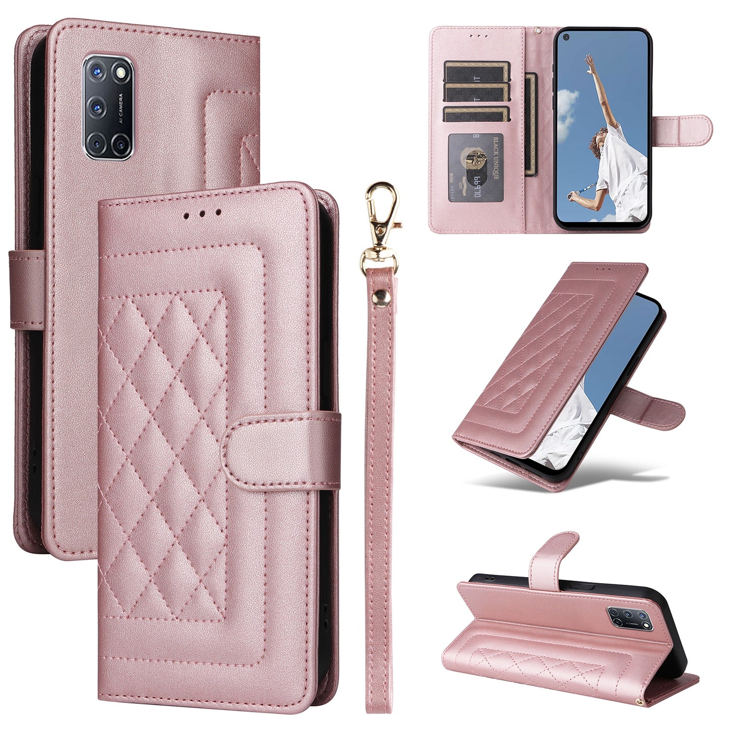 OPPO A52 / A72 / A92 Diamond Lattice Leather Flip Phone Case - Durable and Convenient Holder with Precision Cutouts