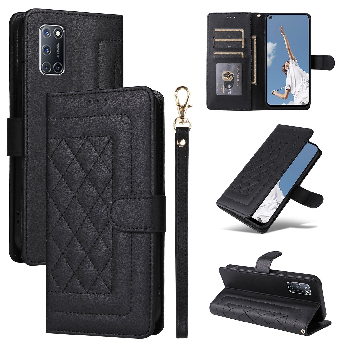 OPPO A52 / A72 / A92 Diamond Lattice Leather Flip Phone Case - Durable and Convenient Holder with Precision Cutouts
