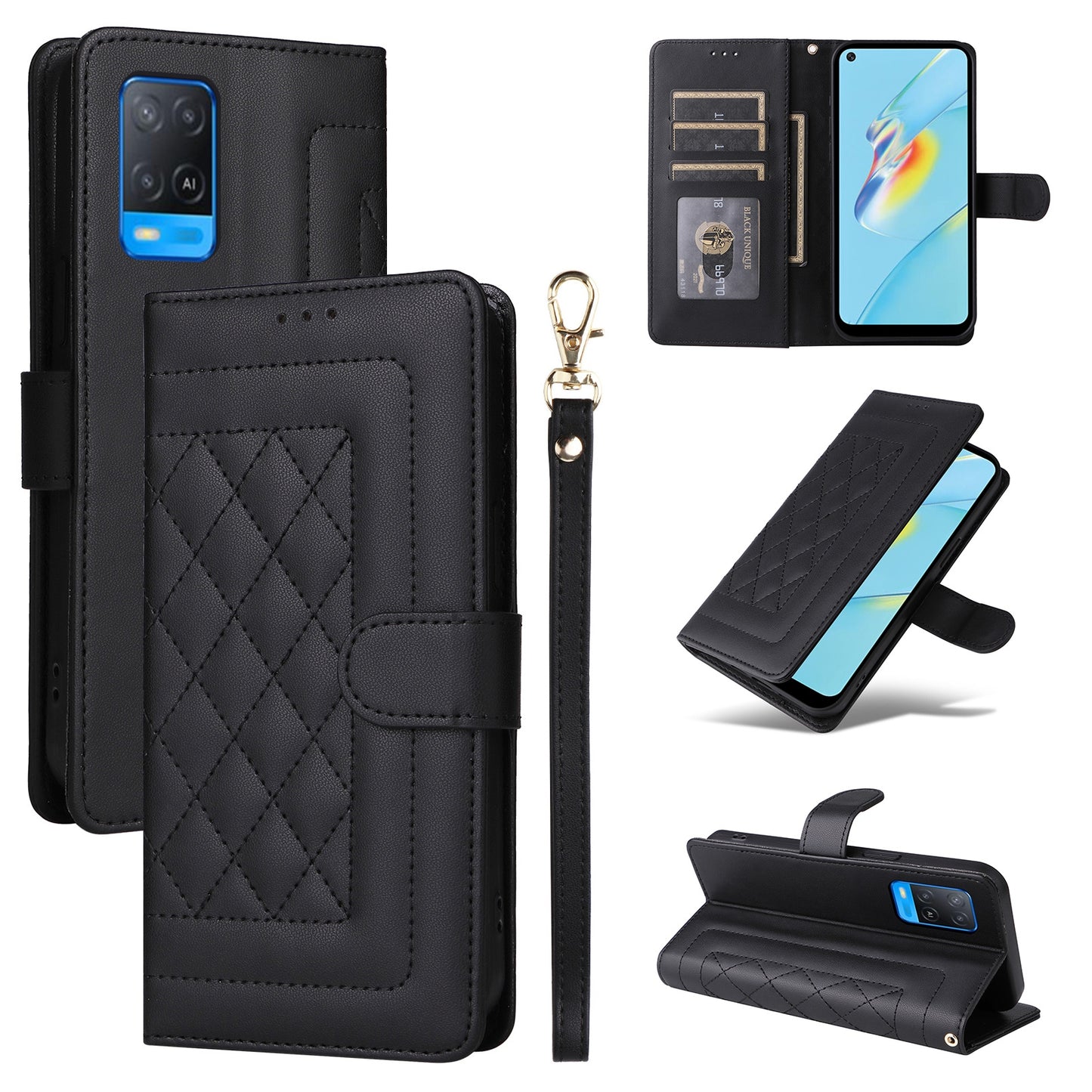 OPPO A54 4G / A16 Diamond Lattice Leather Flip Phone Case - Durable and Convenient Holder with Precision Cutouts