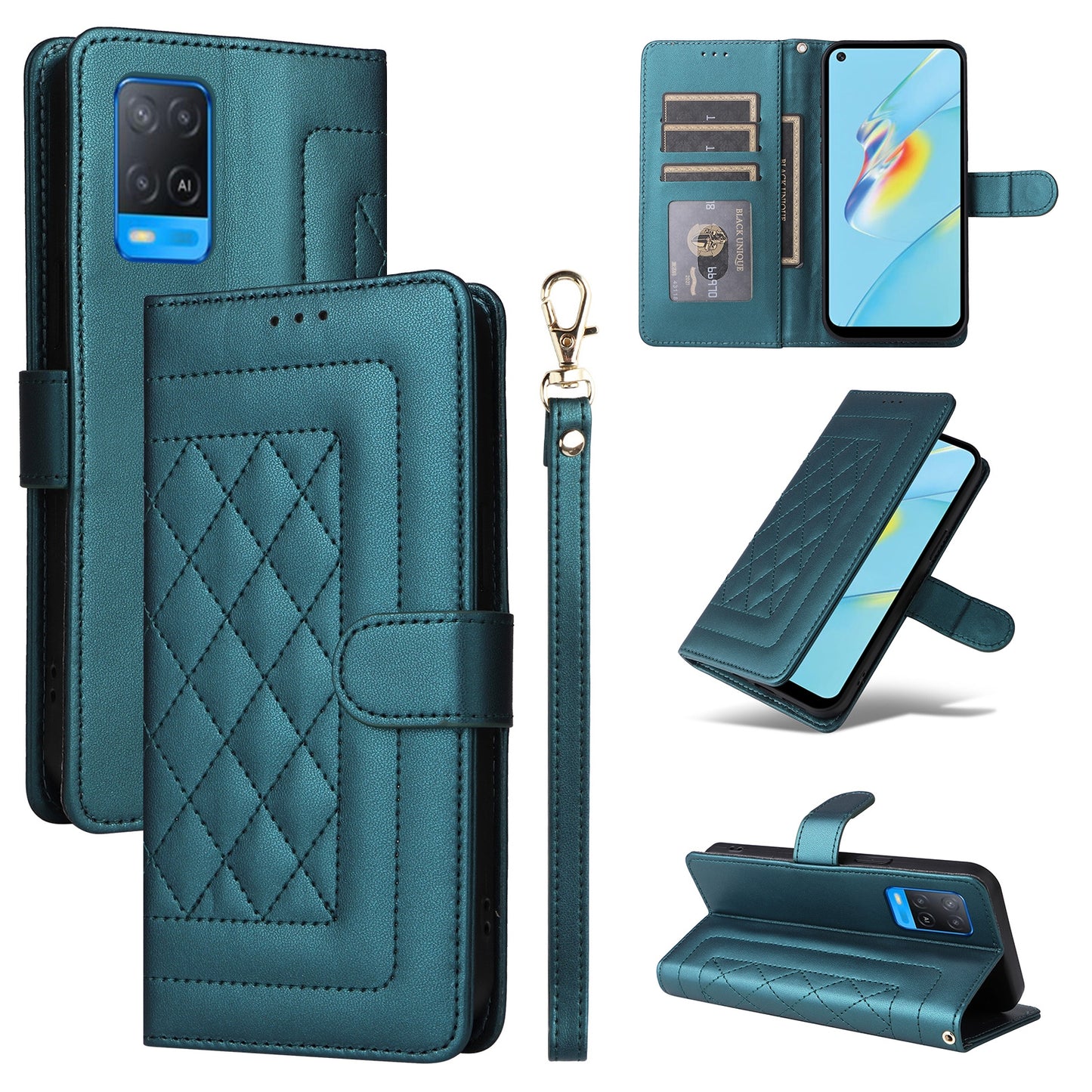 OPPO A54 4G / A16 Diamond Lattice Leather Flip Phone Case - Durable and Convenient Holder with Precision Cutouts