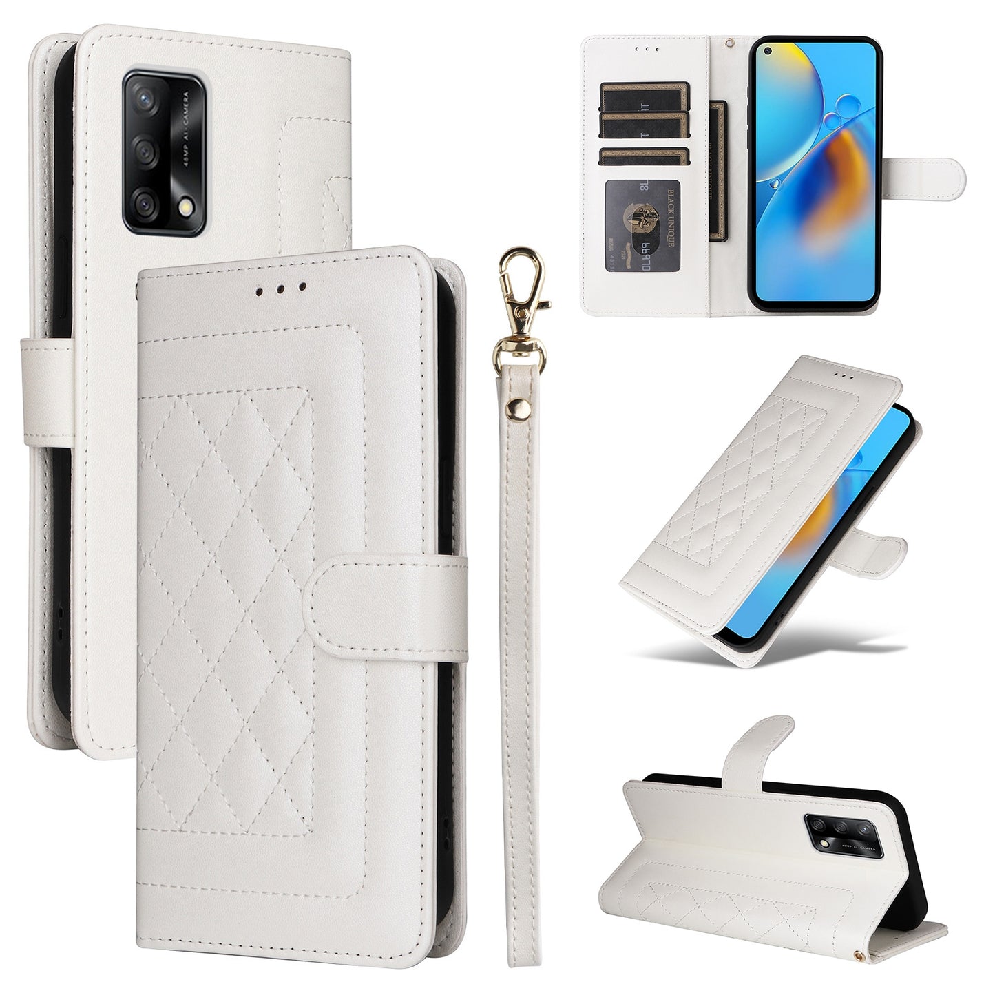 OPPO A74 / A95 4G / F19 Diamond Lattice Leather Flip Phone Case - Durable and Convenient Holder with Precision Cutouts