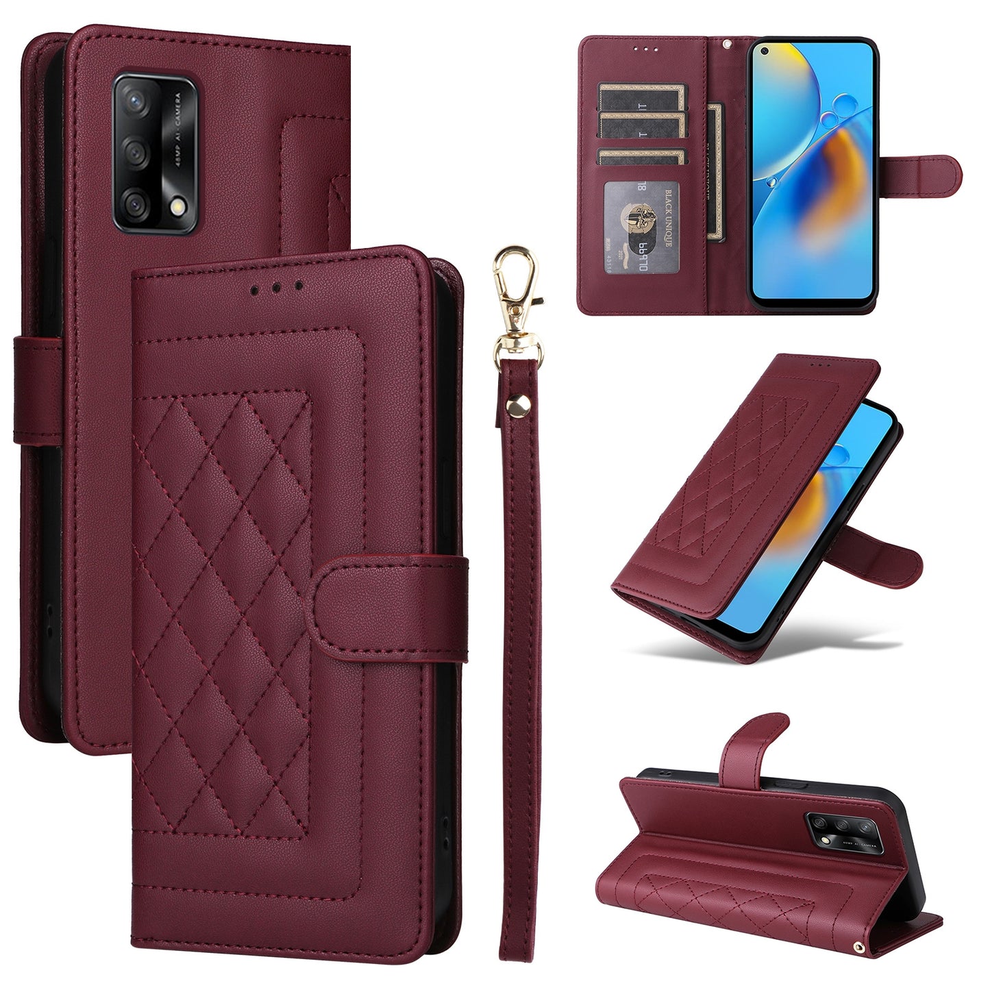 OPPO A74 / A95 4G / F19 Diamond Lattice Leather Flip Phone Case - Durable and Convenient Holder with Precision Cutouts