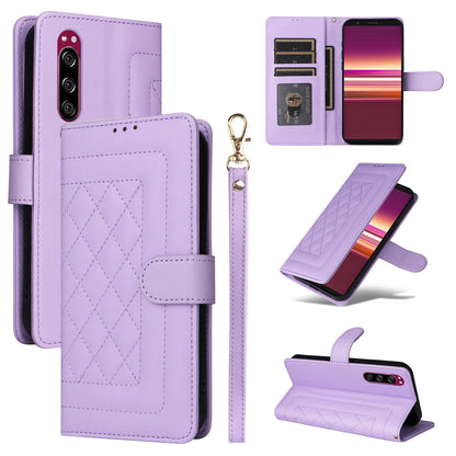 Sony Xperia 5 Diamond Lattice Leather Flip Phone Case - Durable and Convenient Holder with Precision Cutouts