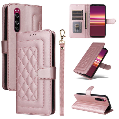 Sony Xperia 5 Diamond Lattice Leather Flip Phone Case - Durable and Convenient Holder with Precision Cutouts