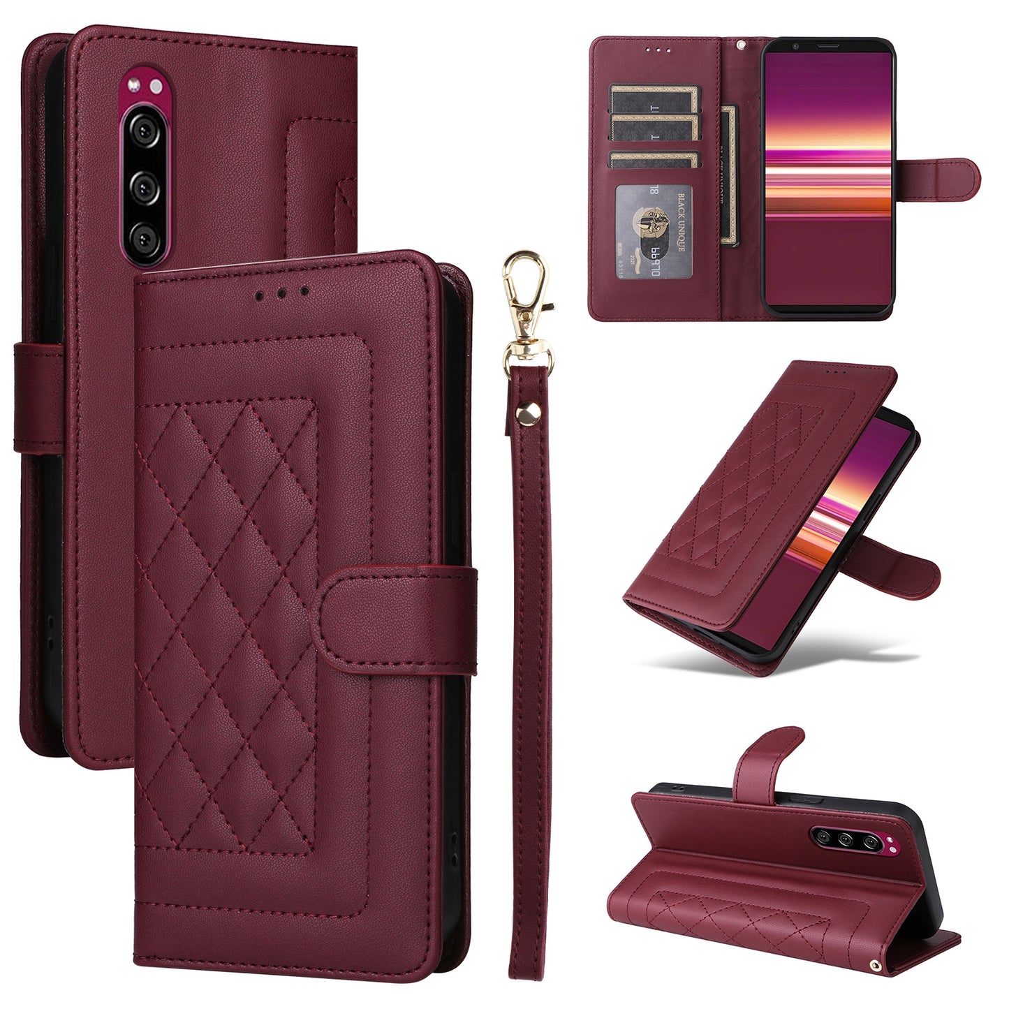 Sony Xperia 5 Diamond Lattice Leather Flip Phone Case - Durable and Convenient Holder with Precision Cutouts