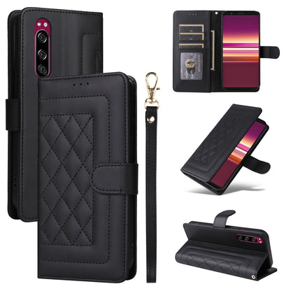 Sony Xperia 5 Diamond Lattice Leather Flip Phone Case - Durable and Convenient Holder with Precision Cutouts