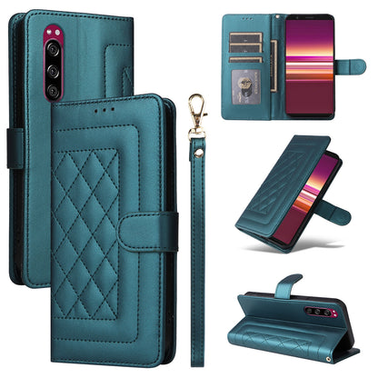 Sony Xperia 5 Diamond Lattice Leather Flip Phone Case - Durable and Convenient Holder with Precision Cutouts