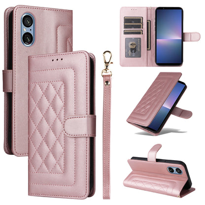 Sony Xperia 5 V Diamond Lattice Leather Flip Phone Case - Durable and Convenient Holder with Precision Cutouts