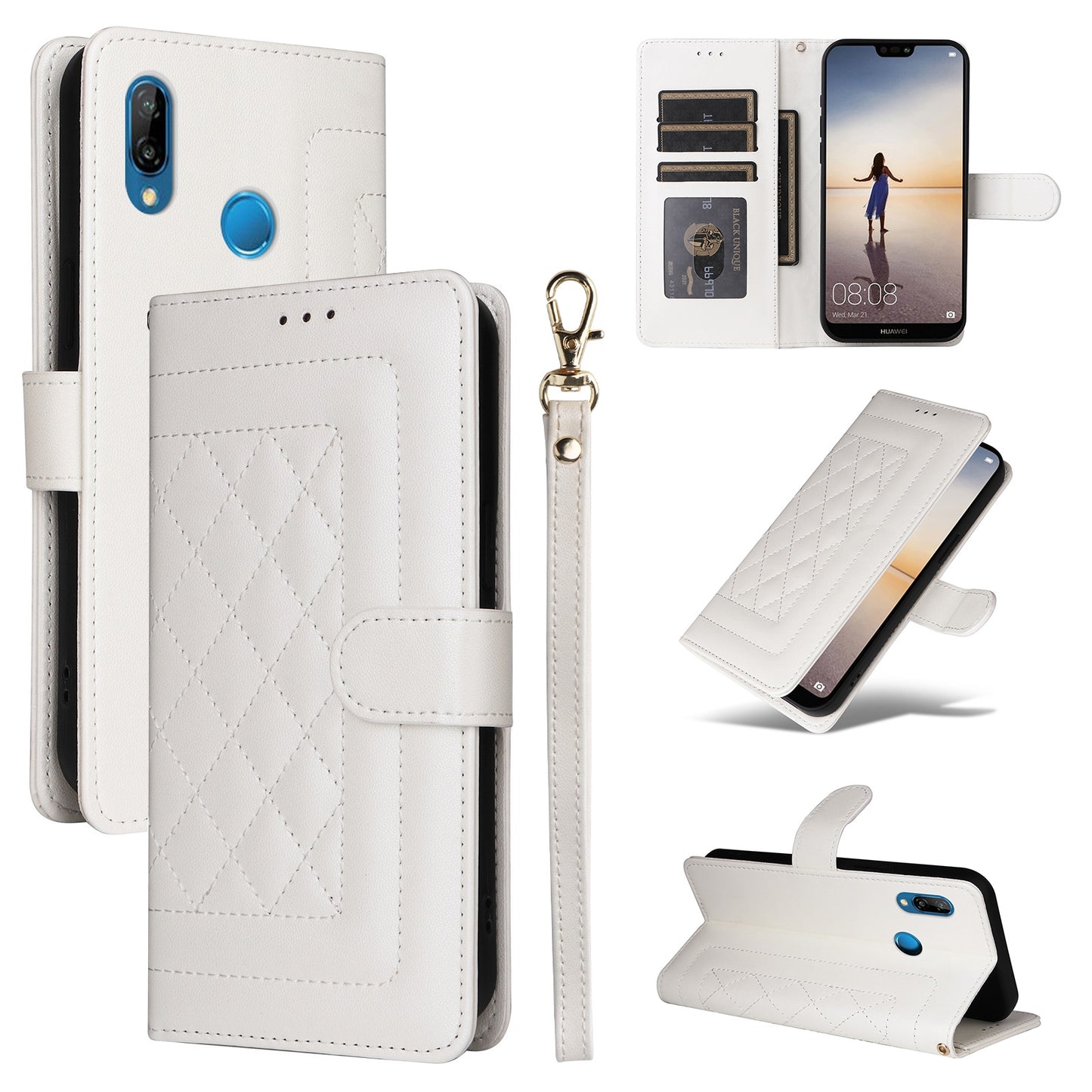 Huawei P20 Lite Diamond Lattice Leather Flip Phone Case - Durable and Convenient Holder with Precision Cutouts