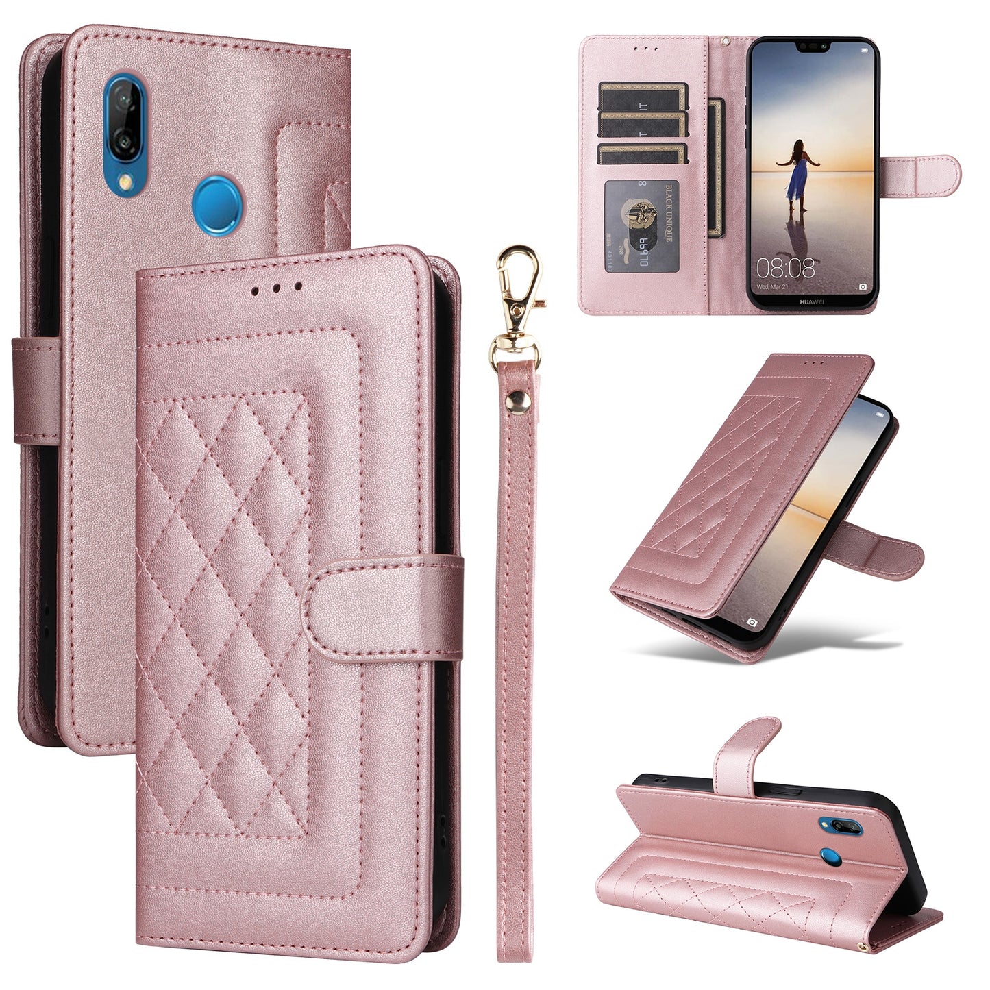 Huawei P20 Lite Diamond Lattice Leather Flip Phone Case - Durable and Convenient Holder with Precision Cutouts