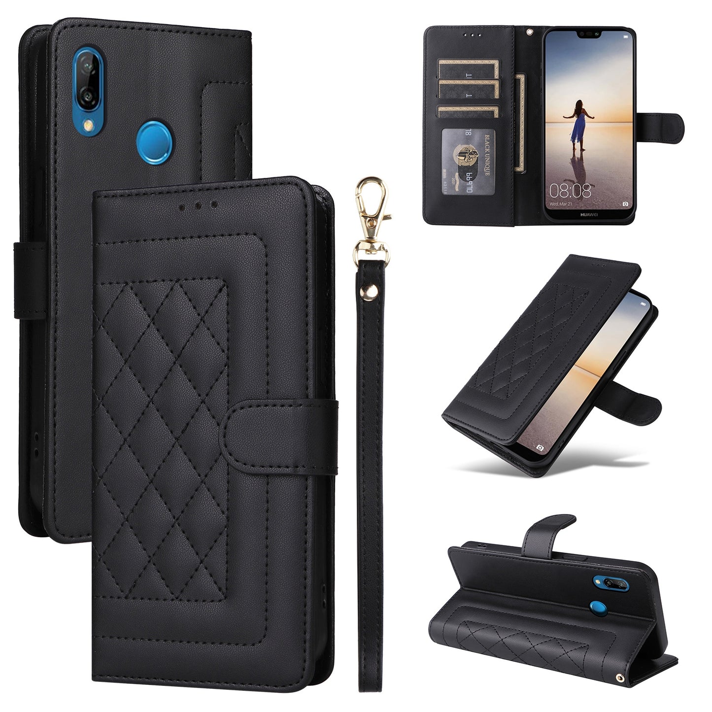 Huawei P20 Lite Diamond Lattice Leather Flip Phone Case - Durable and Convenient Holder with Precision Cutouts