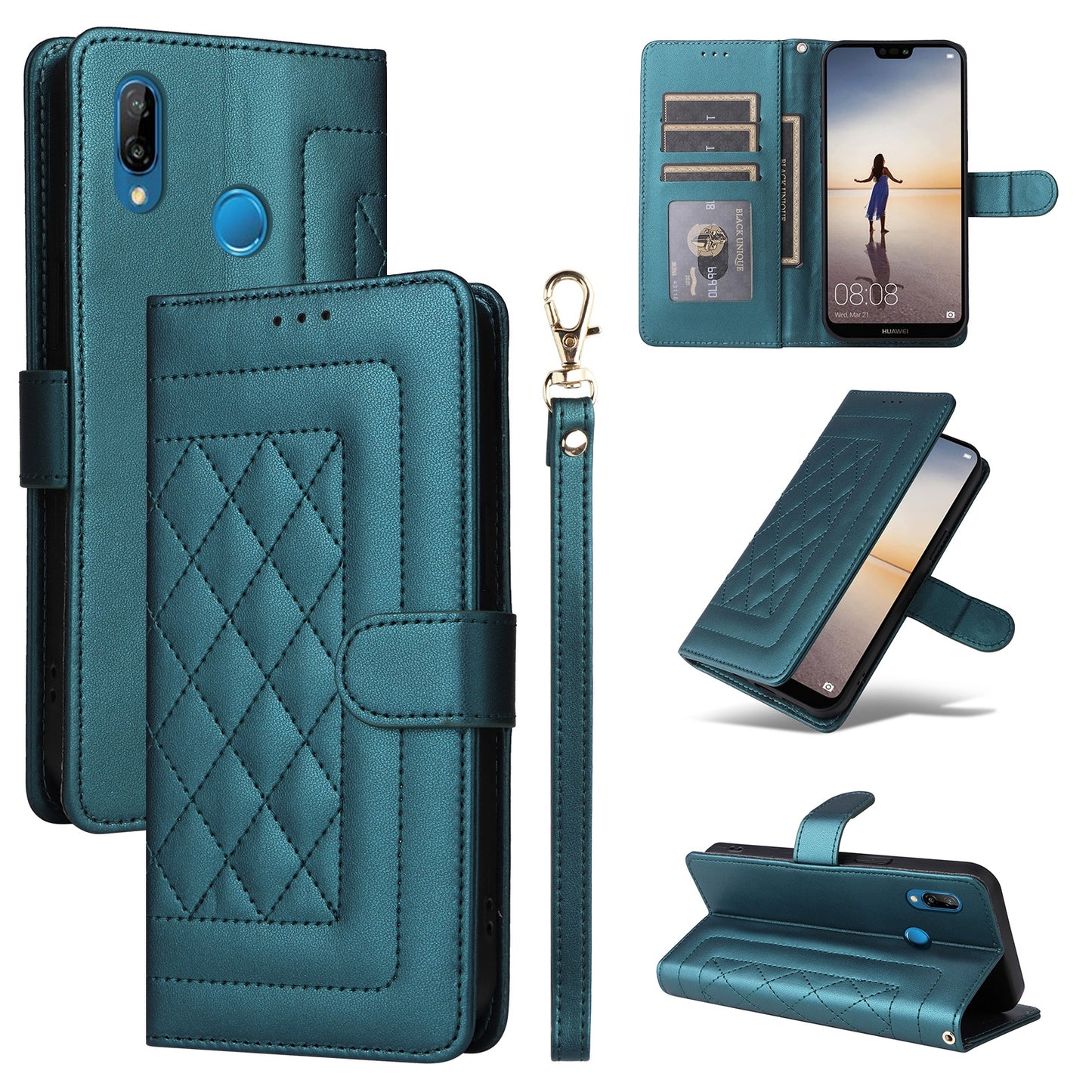 Huawei P20 Lite Diamond Lattice Leather Flip Phone Case - Durable and Convenient Holder with Precision Cutouts
