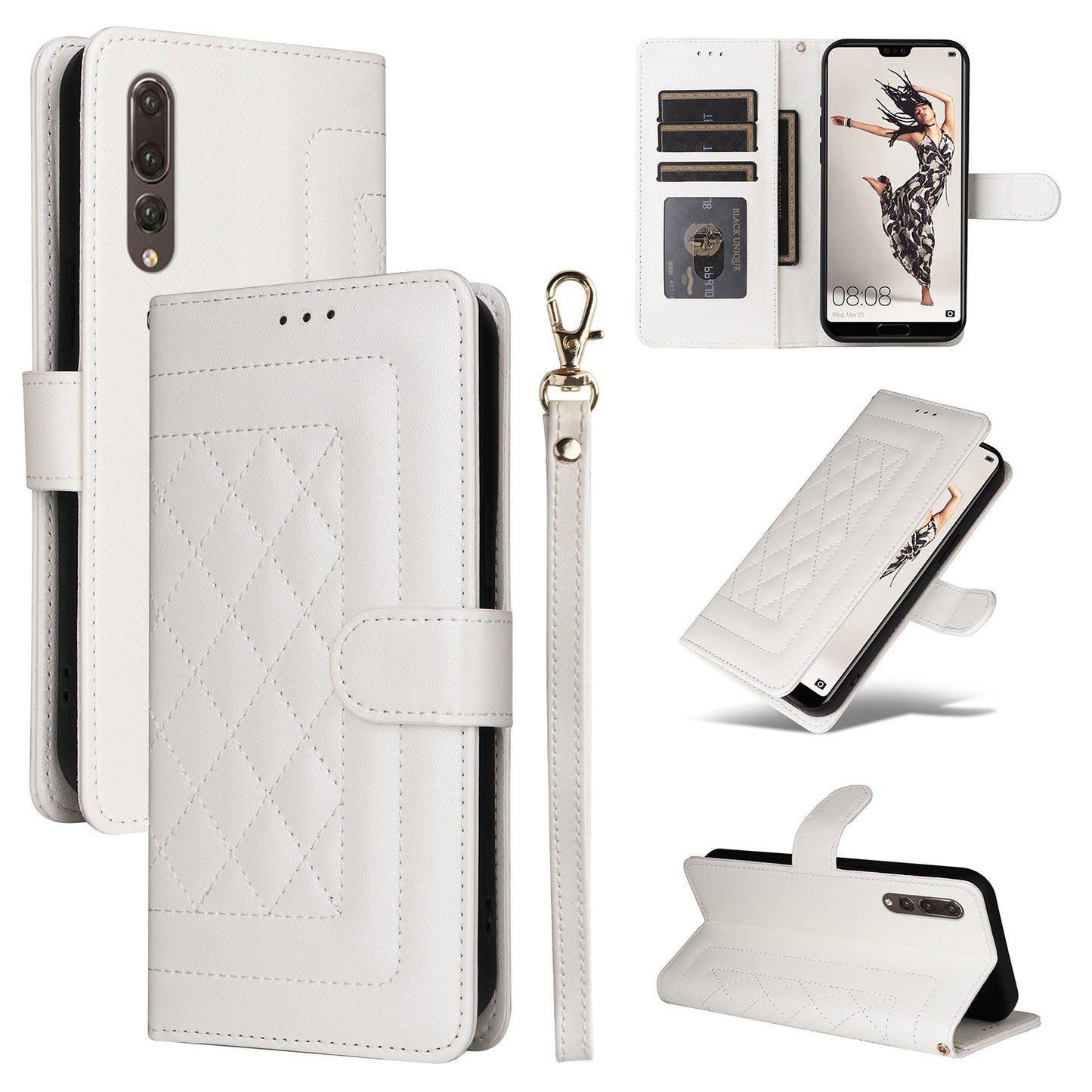 Huawei P20 Pro Diamond Lattice Leather Flip Phone Case - Durable and Convenient Holder with Precision Cutouts