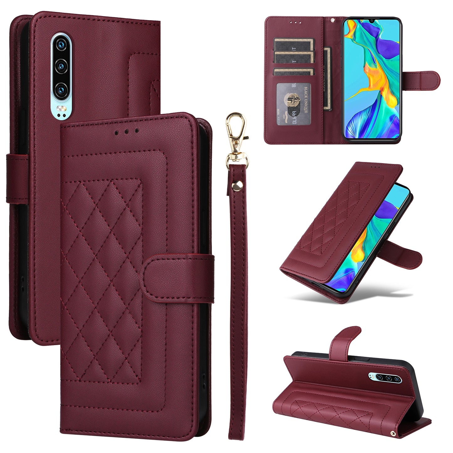 Huawei P30 Diamond Lattice Leather Flip Phone Case - Durable and Convenient Holder with Precision Cutouts