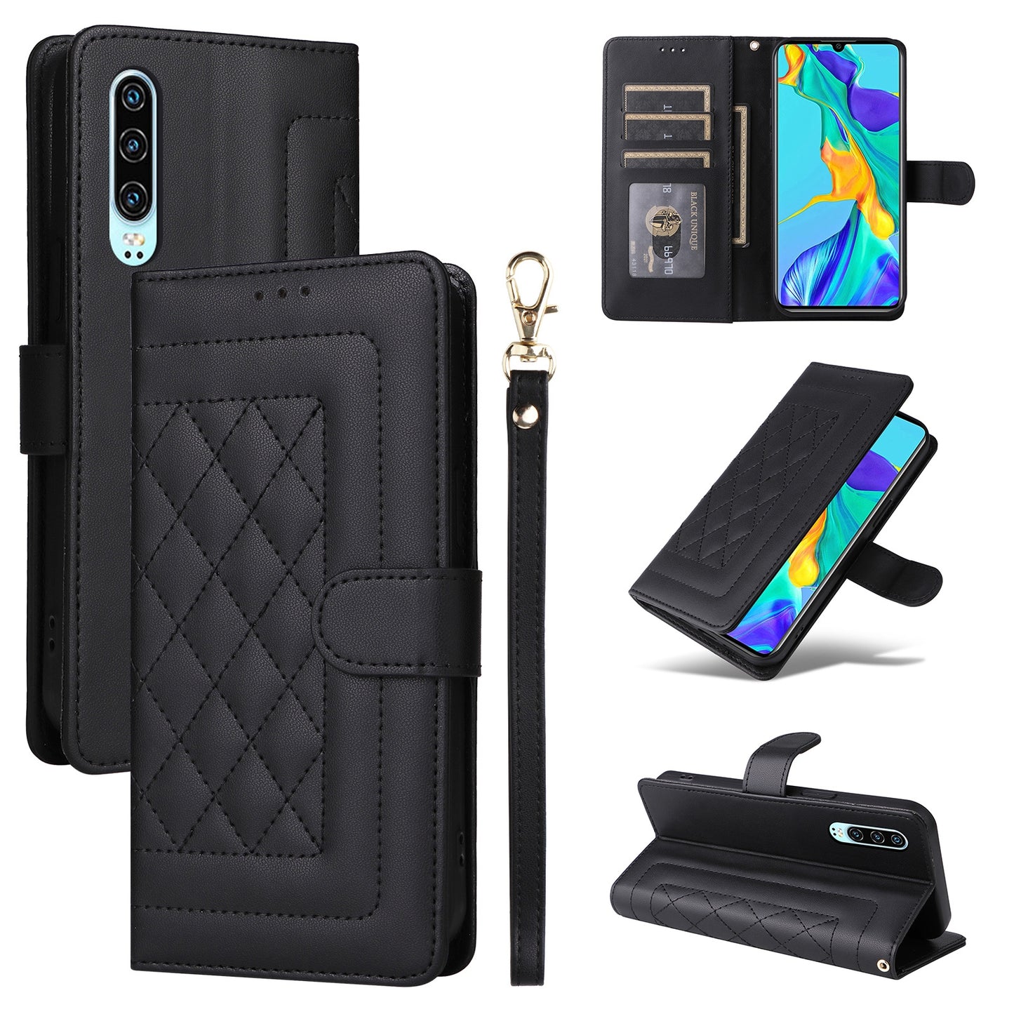 Huawei P30 Diamond Lattice Leather Flip Phone Case - Durable and Convenient Holder with Precision Cutouts