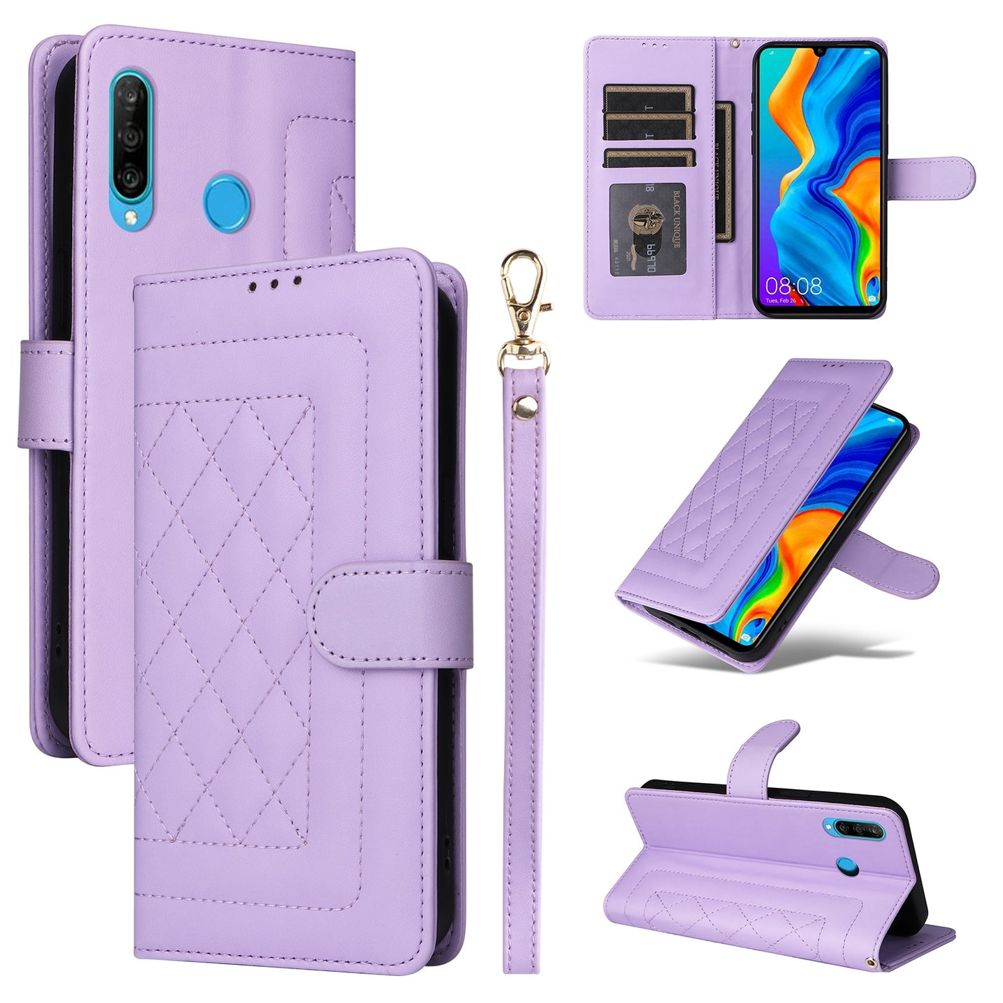 Huawei P30 Lite Diamond Lattice Leather Flip Phone Case - Durable and Convenient Holder with Precision Cutouts