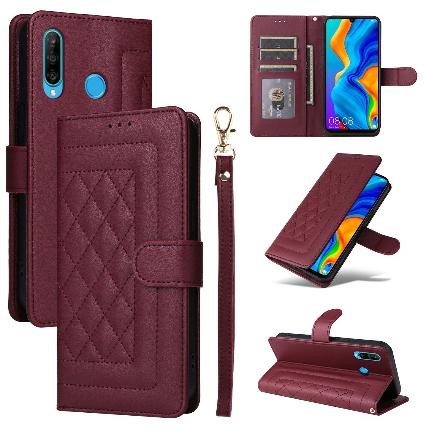 Huawei P30 Lite Diamond Lattice Leather Flip Phone Case - Durable and Convenient Holder with Precision Cutouts