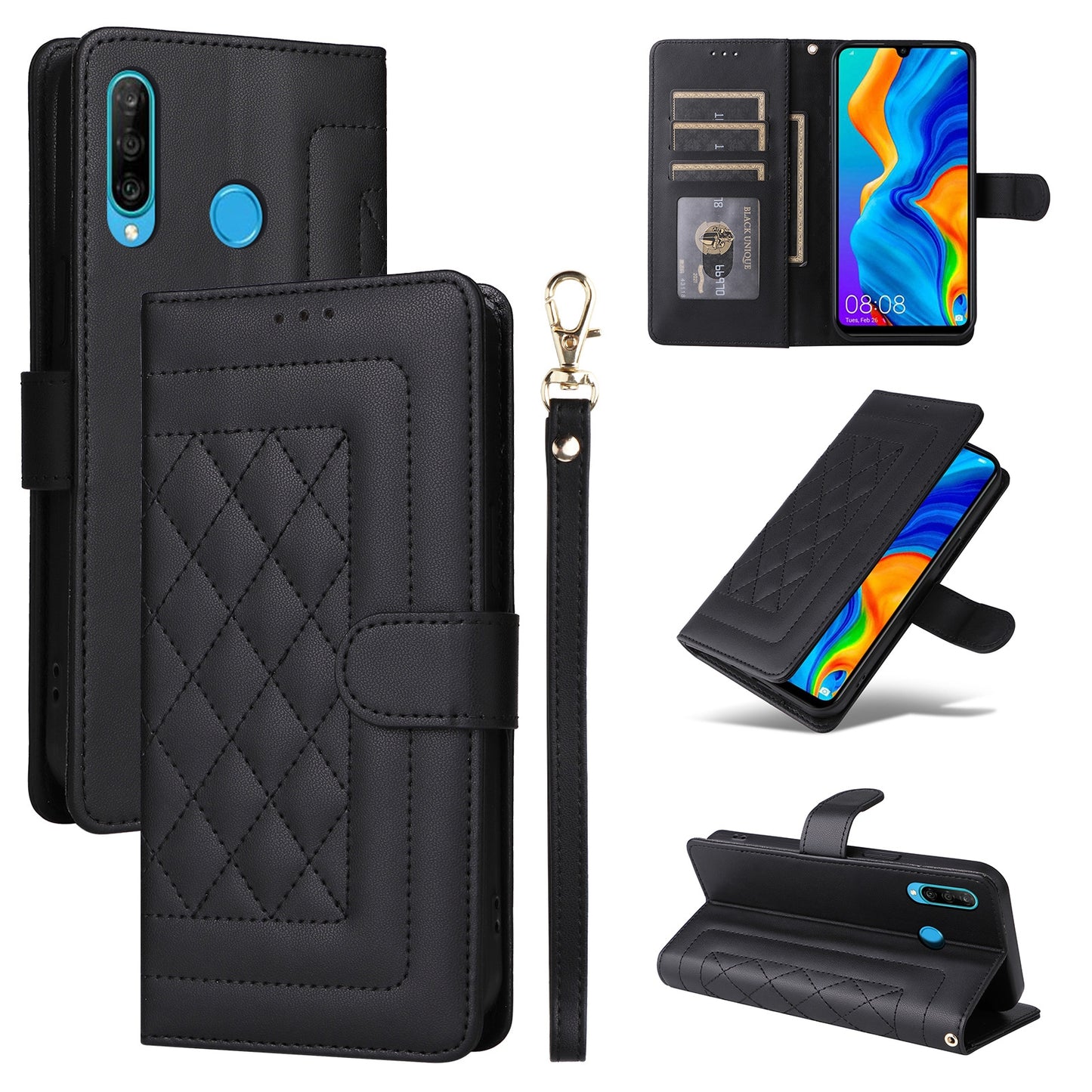 Huawei P30 Lite Diamond Lattice Leather Flip Phone Case - Durable and Convenient Holder with Precision Cutouts