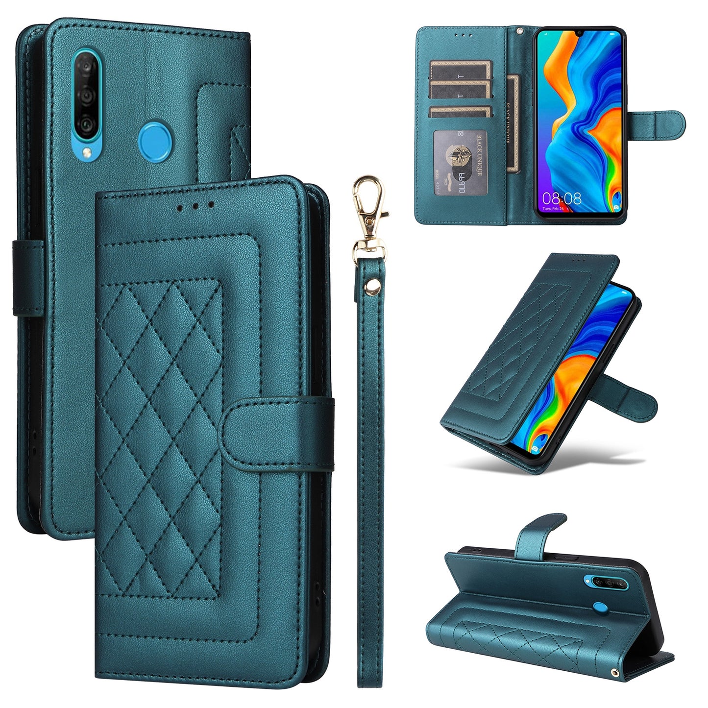 Huawei P30 Lite Diamond Lattice Leather Flip Phone Case - Durable and Convenient Holder with Precision Cutouts