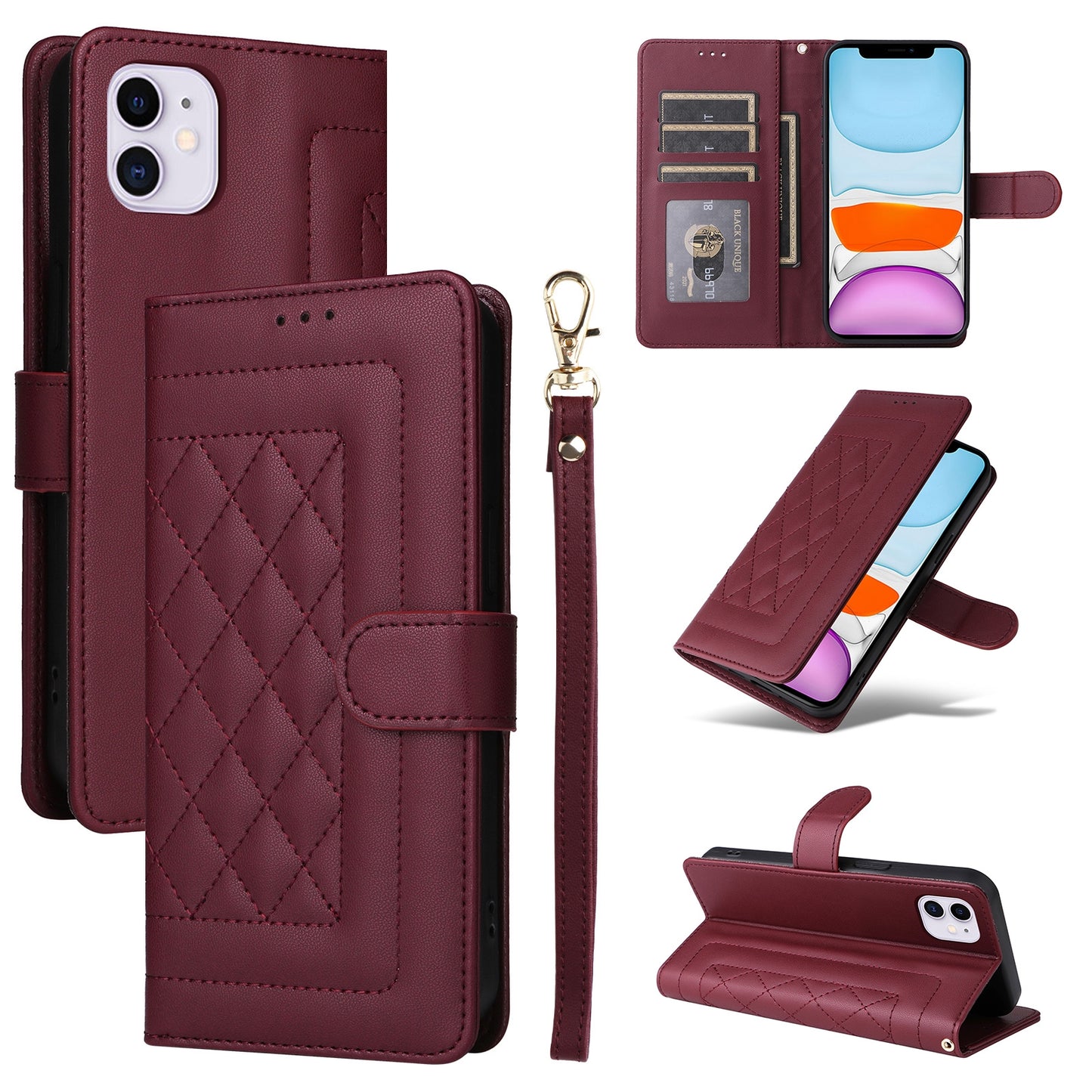 iPhone 11 Diamond Lattice Leather Flip Phone Case - Durable and Convenient Holder with Precision Cutouts