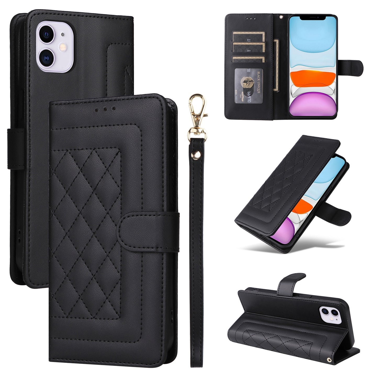 iPhone 11 Diamond Lattice Leather Flip Phone Case - Durable and Convenient Holder with Precision Cutouts
