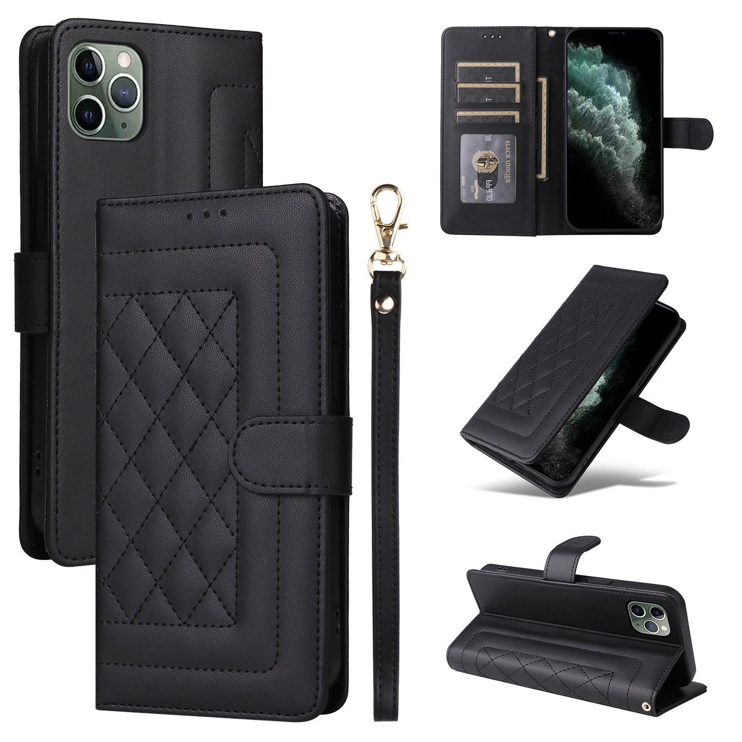 iPhone 11 Pro Diamond Lattice Leather Flip Phone Case - Durable and Convenient Holder with Precision Cutouts