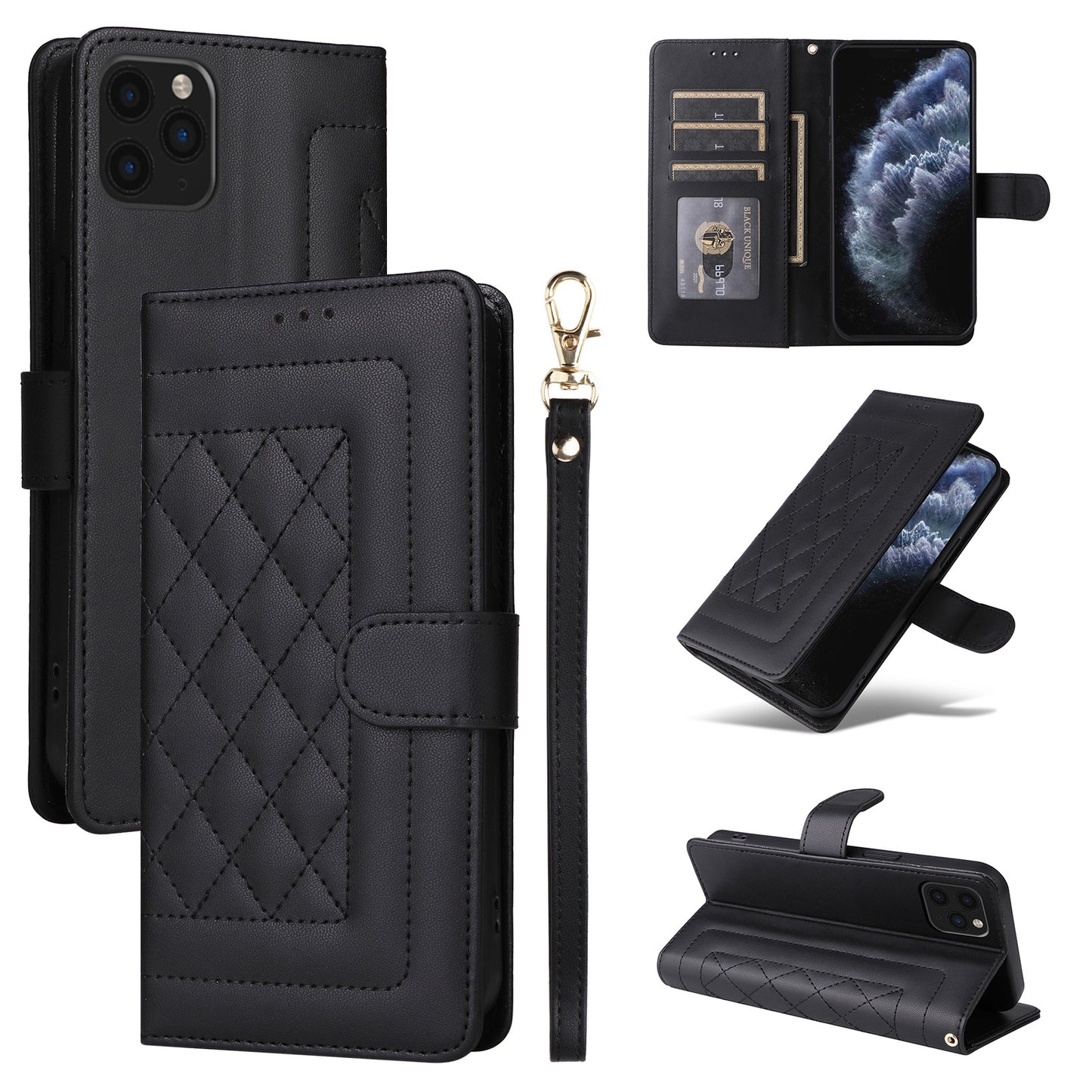 iPhone 11 Pro Max Diamond Lattice Leather Flip Phone Case - Durable and Convenient Holder with Precision Cutouts