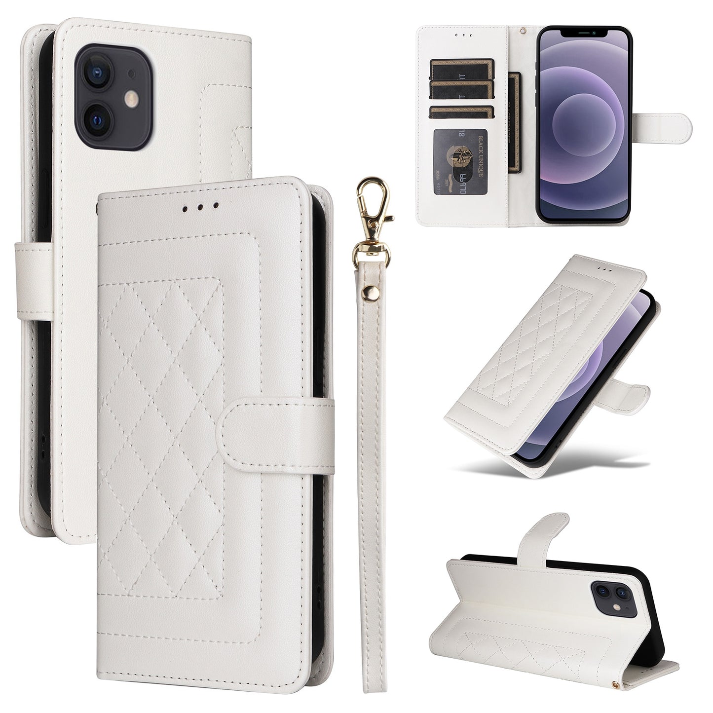 iPhone 12 / 12 Pro Diamond Lattice Leather Flip Phone Case - Durable and Convenient Holder with Precision Cutouts