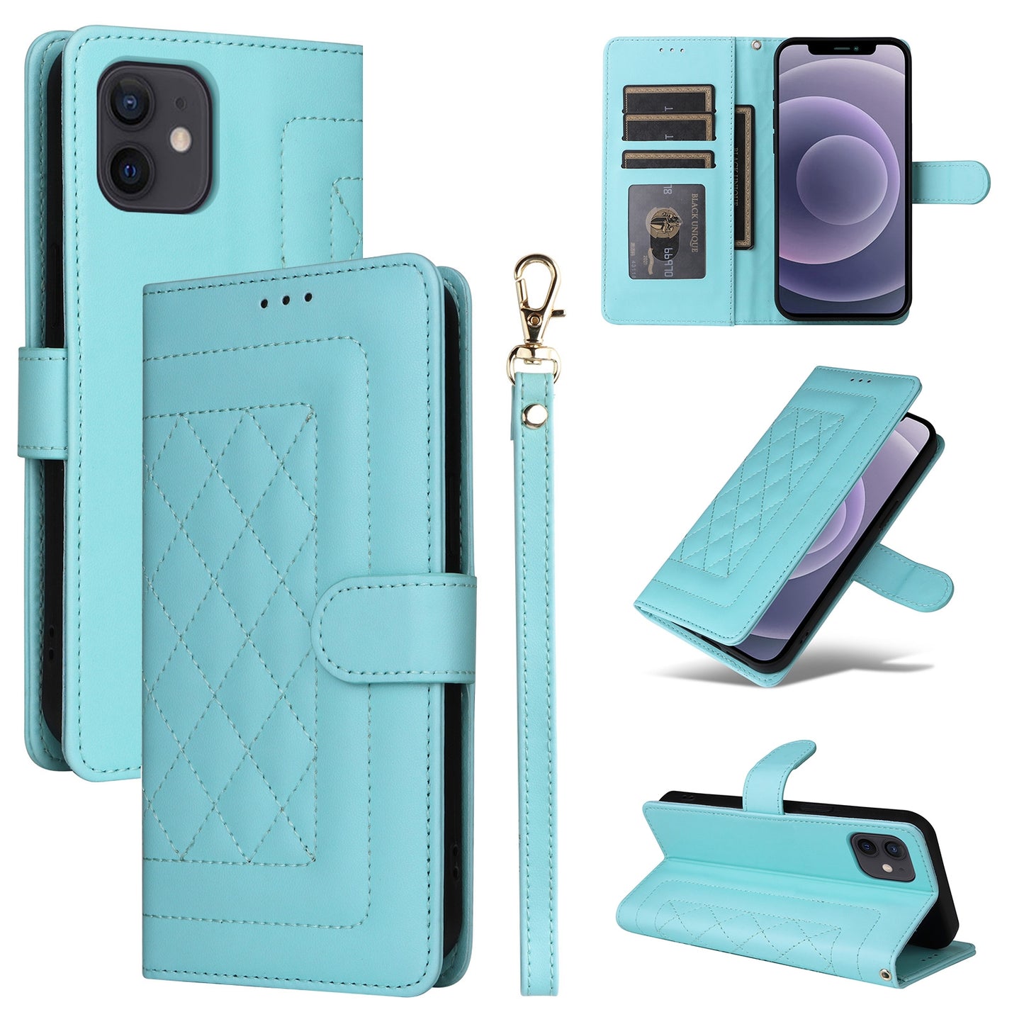 iPhone 12 / 12 Pro Diamond Lattice Leather Flip Phone Case - Durable and Convenient Holder with Precision Cutouts
