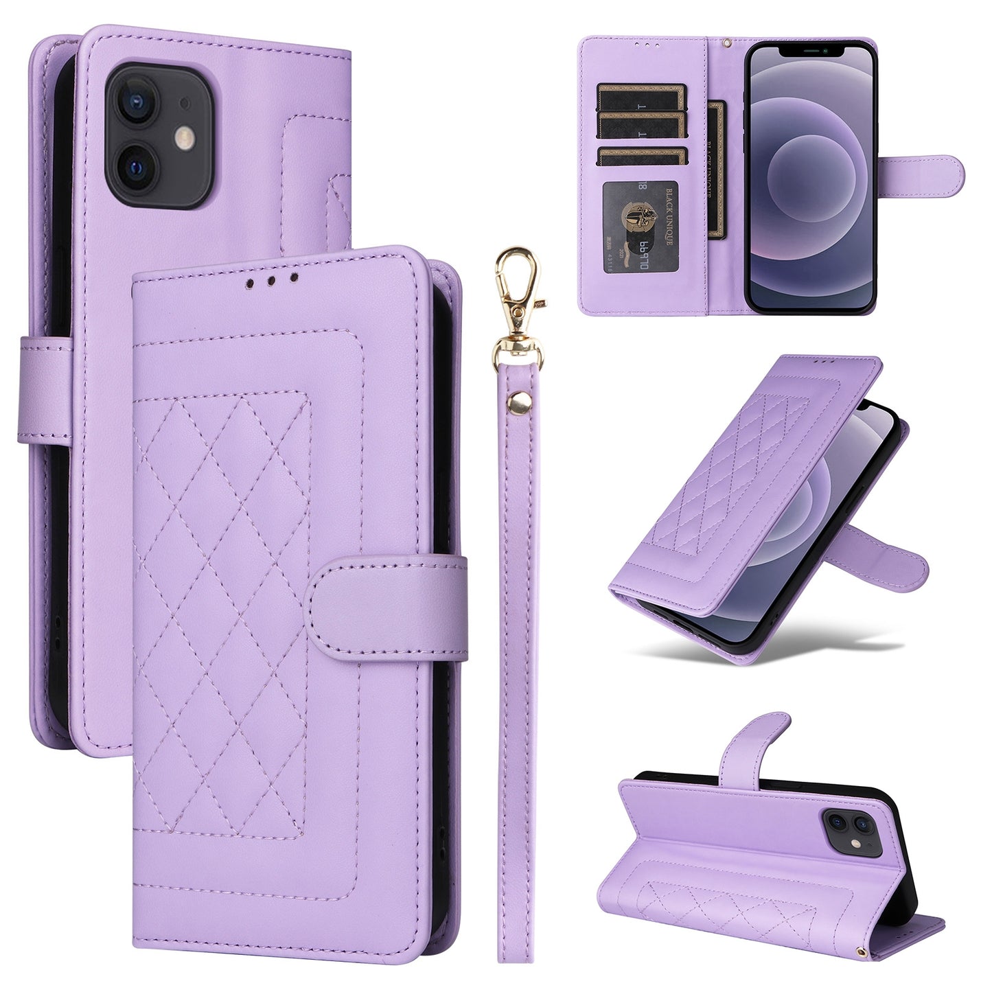 iPhone 12 / 12 Pro Diamond Lattice Leather Flip Phone Case - Durable and Convenient Holder with Precision Cutouts