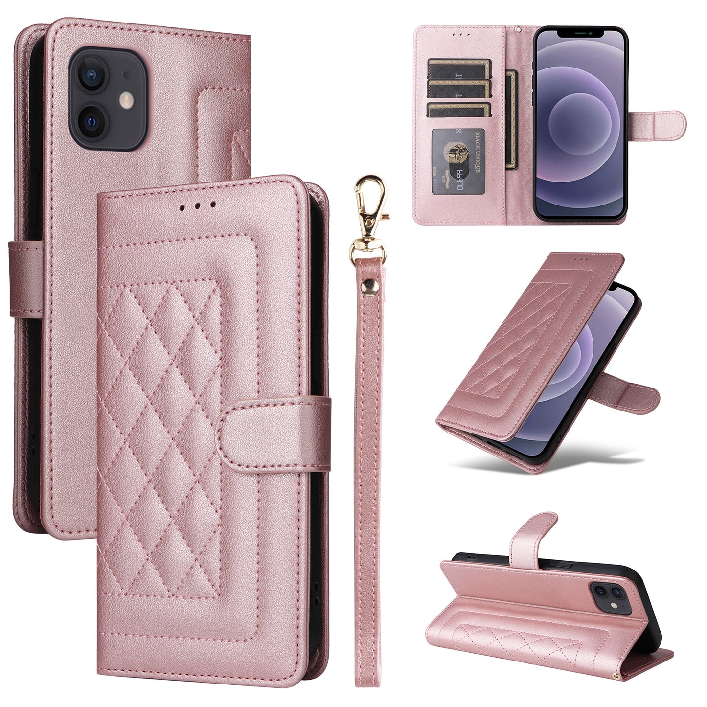 iPhone 12 / 12 Pro Diamond Lattice Leather Flip Phone Case - Durable and Convenient Holder with Precision Cutouts
