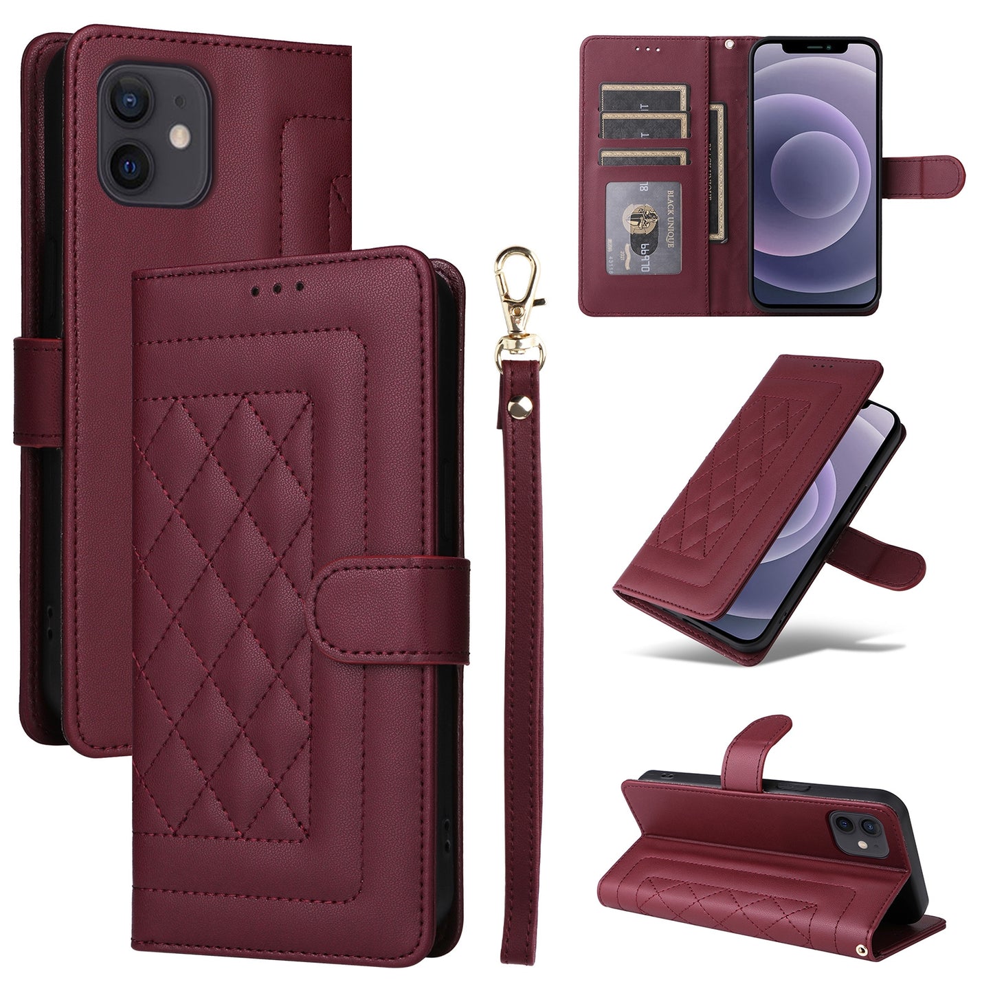 iPhone 12 / 12 Pro Diamond Lattice Leather Flip Phone Case - Durable and Convenient Holder with Precision Cutouts
