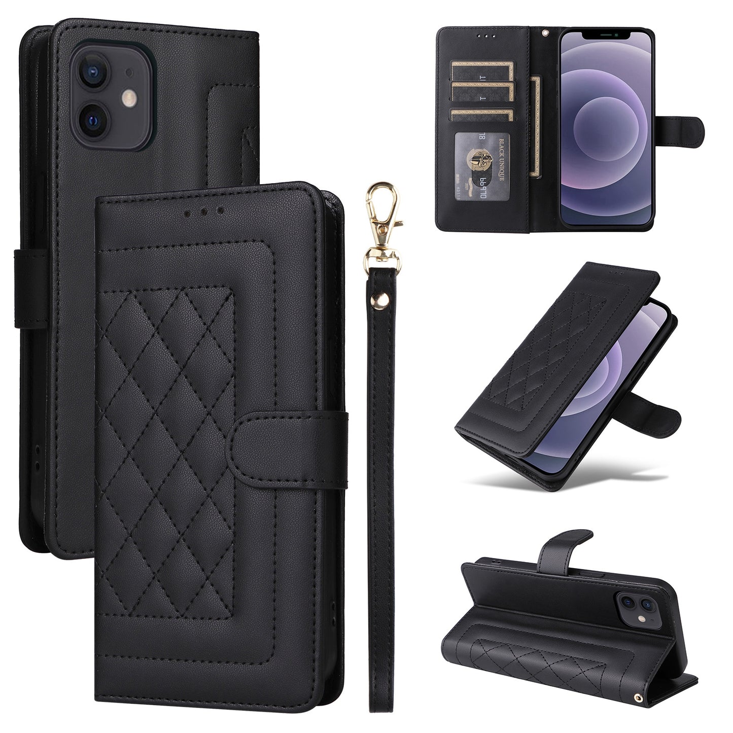 iPhone 12 / 12 Pro Diamond Lattice Leather Flip Phone Case - Durable and Convenient Holder with Precision Cutouts