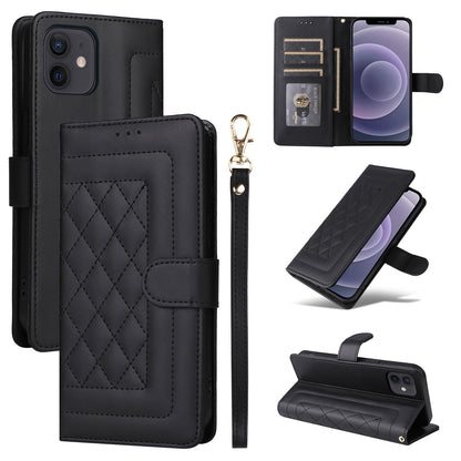 iPhone 12 / 12 Pro Diamond Lattice Leather Flip Phone Case - Durable and Convenient Holder with Precision Cutouts