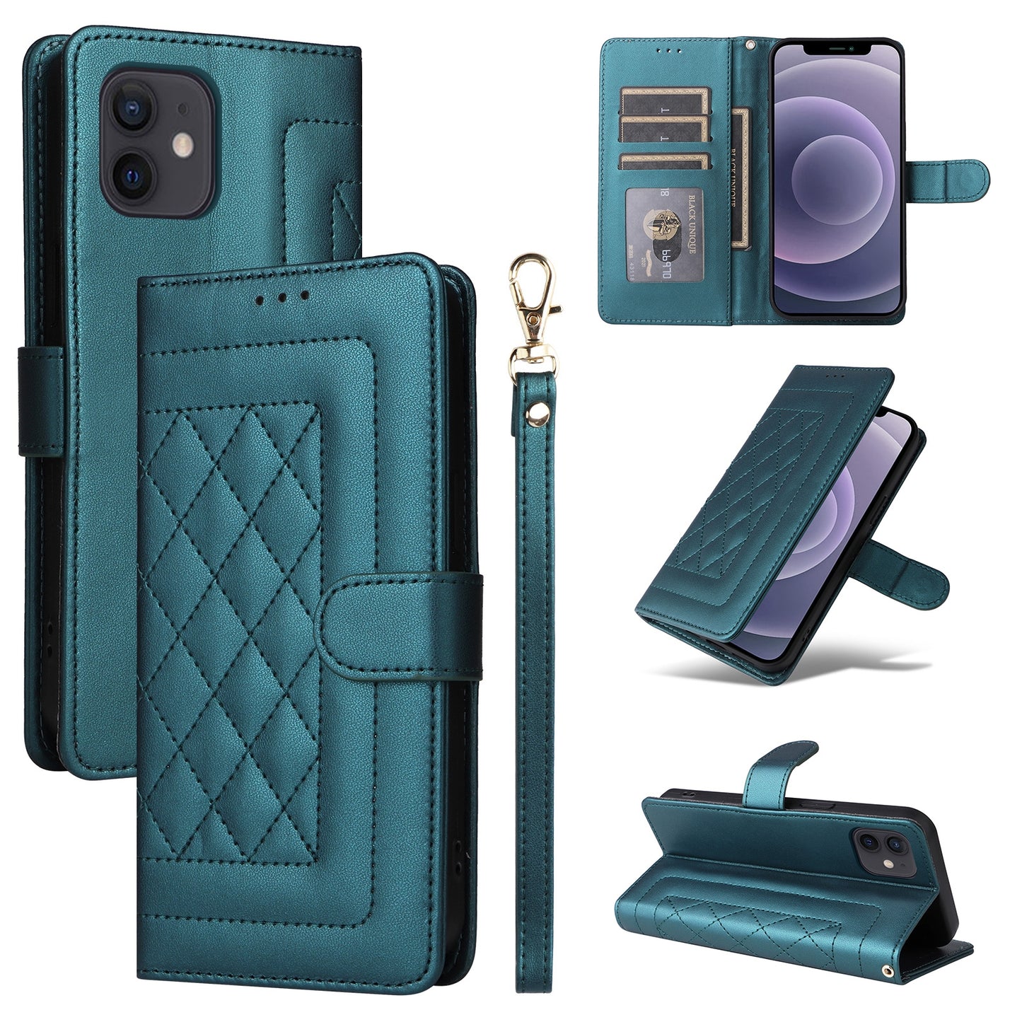 iPhone 12 / 12 Pro Diamond Lattice Leather Flip Phone Case - Durable and Convenient Holder with Precision Cutouts
