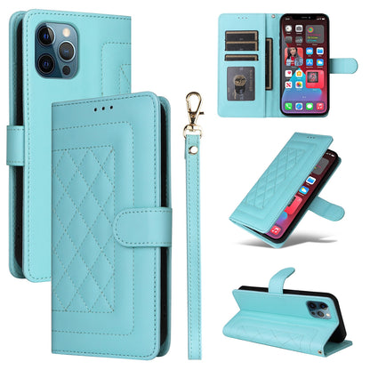 iPhone 12 Pro Max Diamond Lattice Leather Flip Phone Case - Durable and Convenient Holder with Precision Cutouts