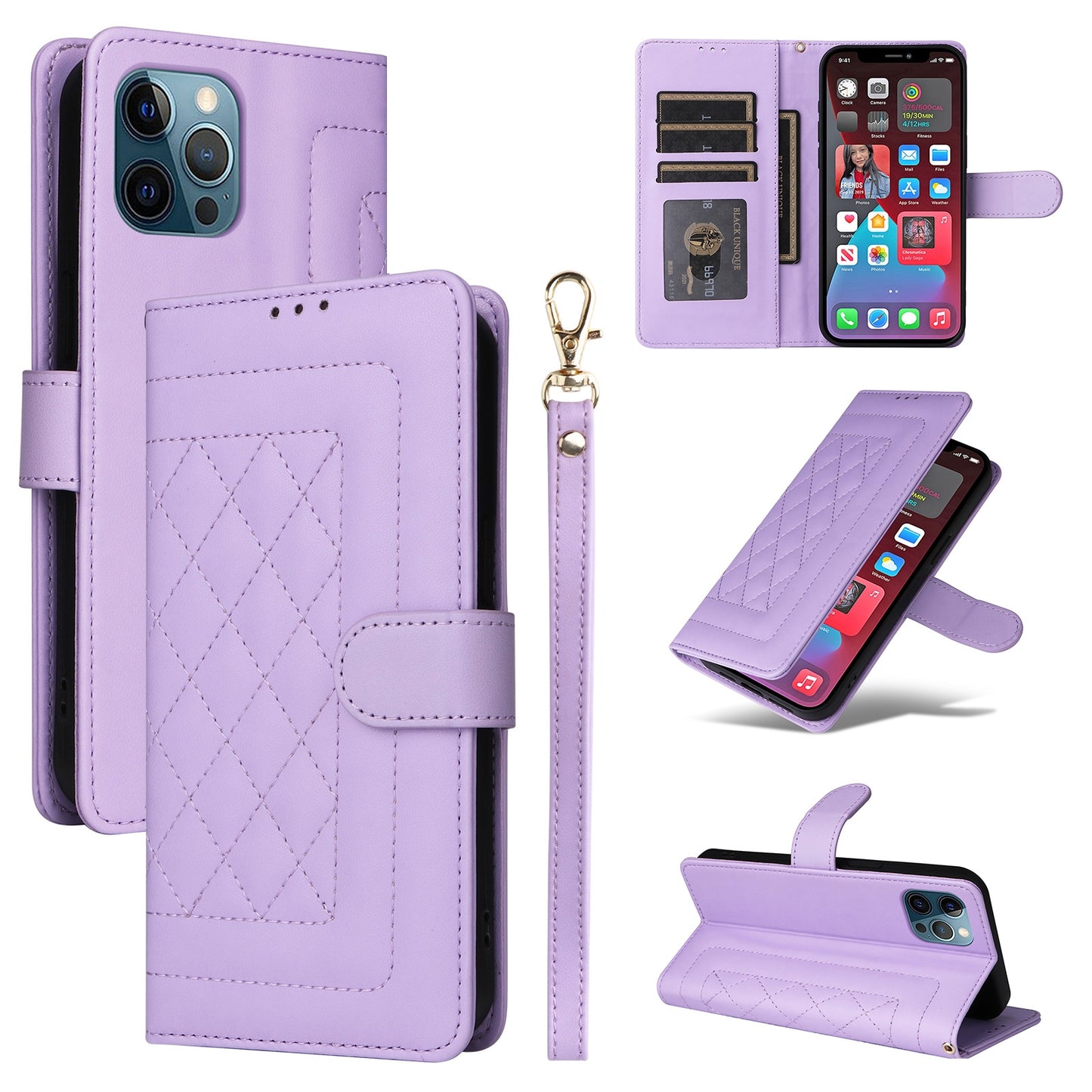 iPhone 12 Pro Max Diamond Lattice Leather Flip Phone Case - Durable and Convenient Holder with Precision Cutouts