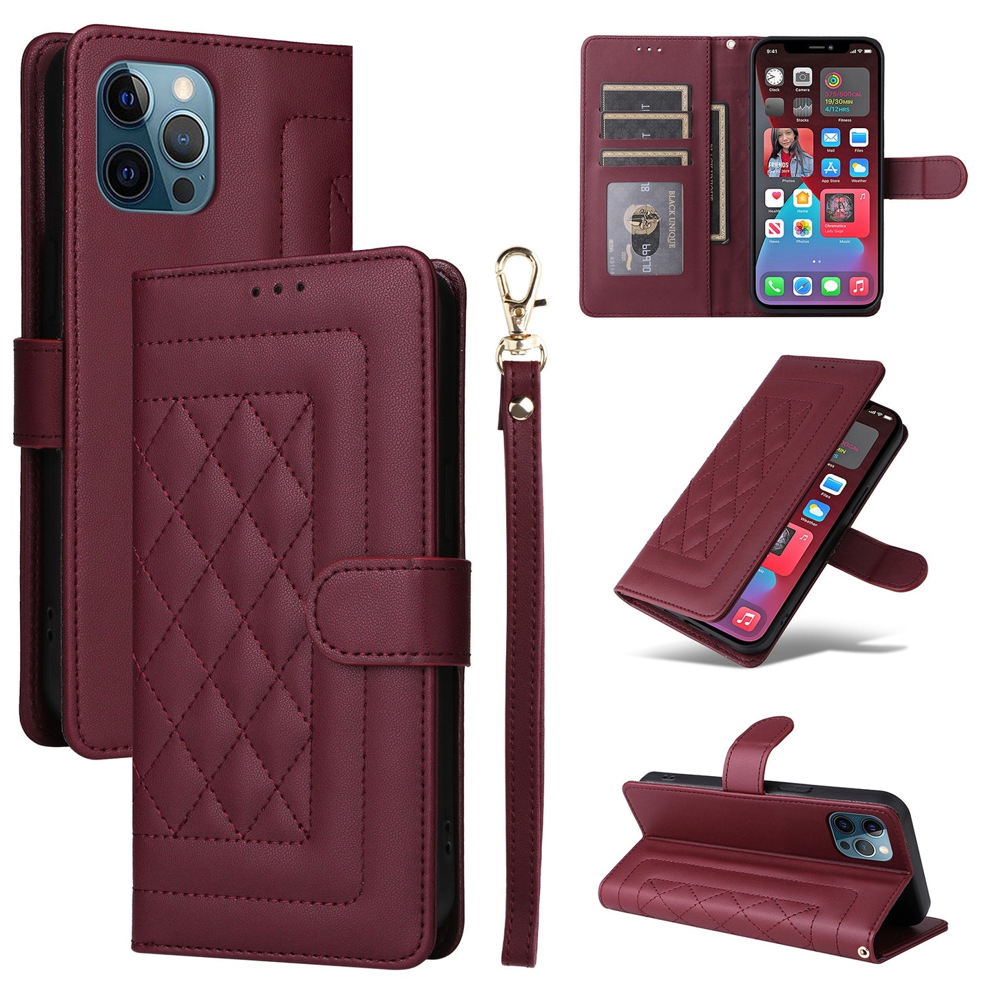 iPhone 12 Pro Max Diamond Lattice Leather Flip Phone Case - Durable and Convenient Holder with Precision Cutouts