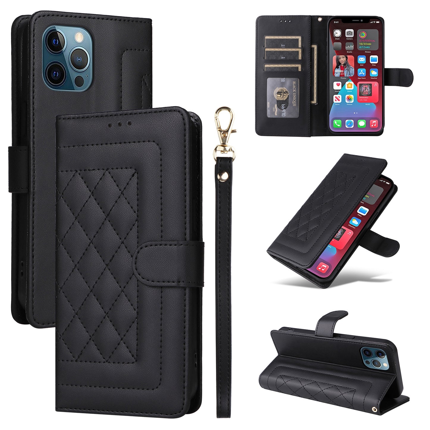 iPhone 12 Pro Max Diamond Lattice Leather Flip Phone Case - Durable and Convenient Holder with Precision Cutouts