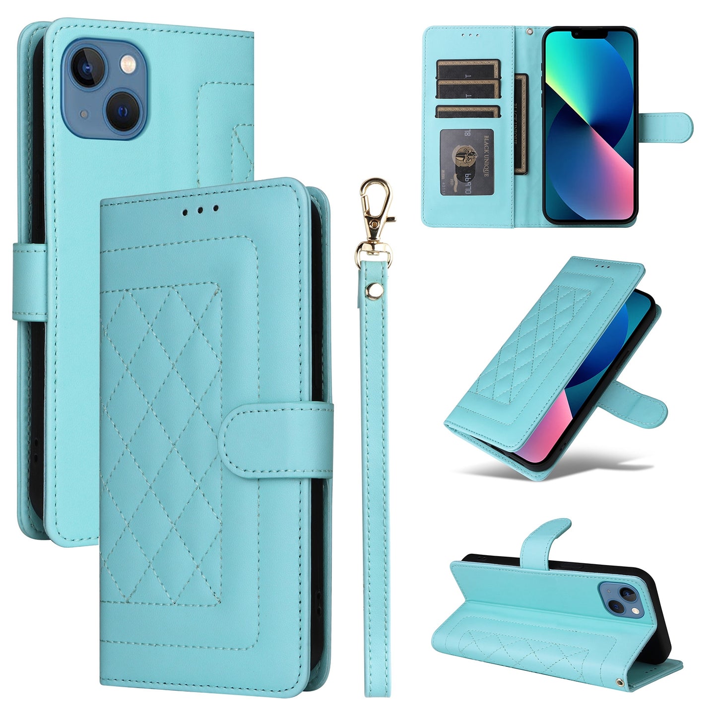 iPhone 13 Diamond Lattice Leather Flip Phone Case - Durable and Convenient Holder with Precision Cutouts