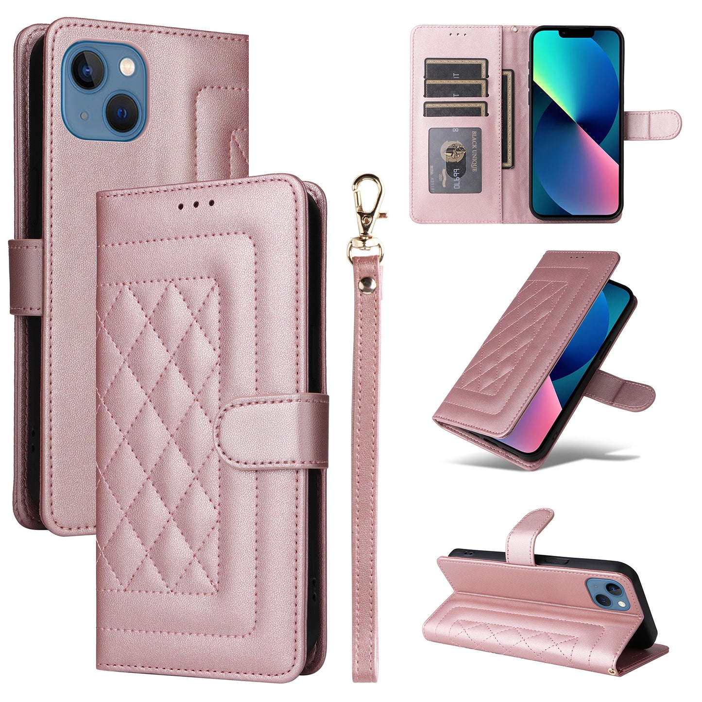 iPhone 13 Diamond Lattice Leather Flip Phone Case - Durable and Convenient Holder with Precision Cutouts