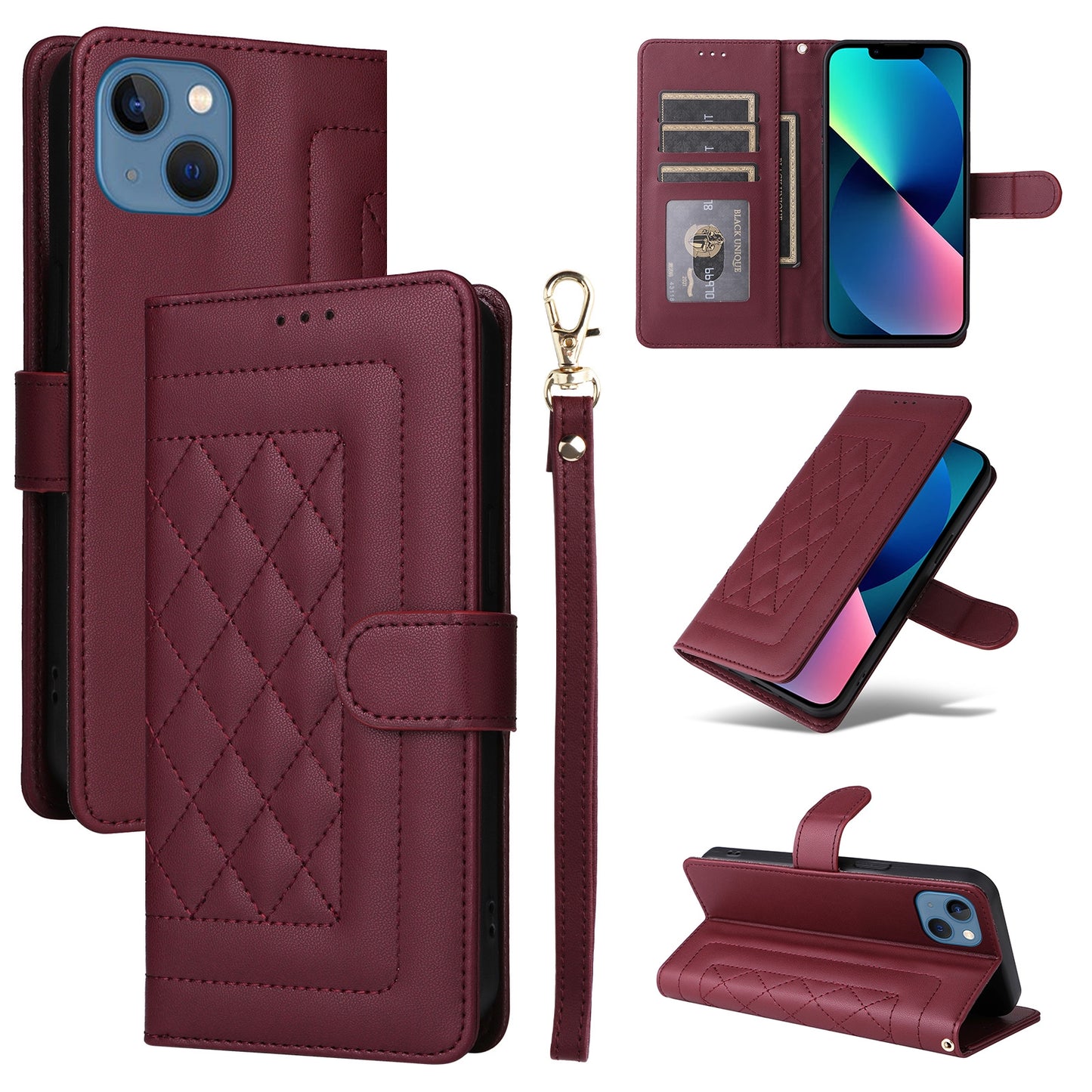 iPhone 13 Diamond Lattice Leather Flip Phone Case - Durable and Convenient Holder with Precision Cutouts