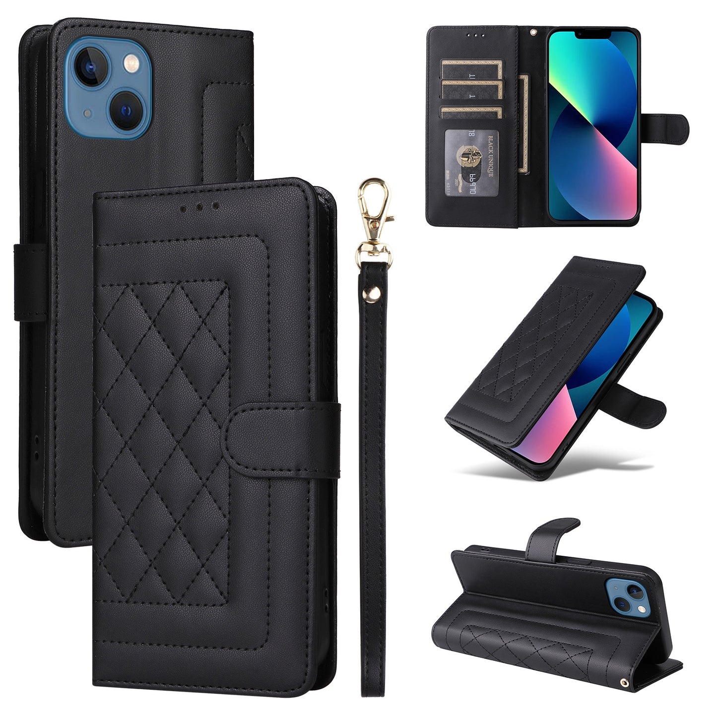 iPhone 13 Diamond Lattice Leather Flip Phone Case - Durable and Convenient Holder with Precision Cutouts
