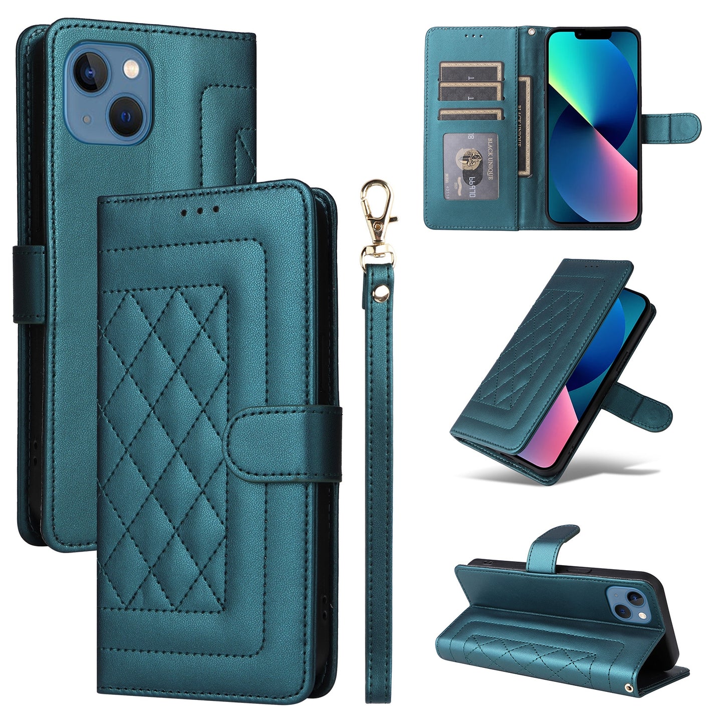 iPhone 13 Diamond Lattice Leather Flip Phone Case - Durable and Convenient Holder with Precision Cutouts