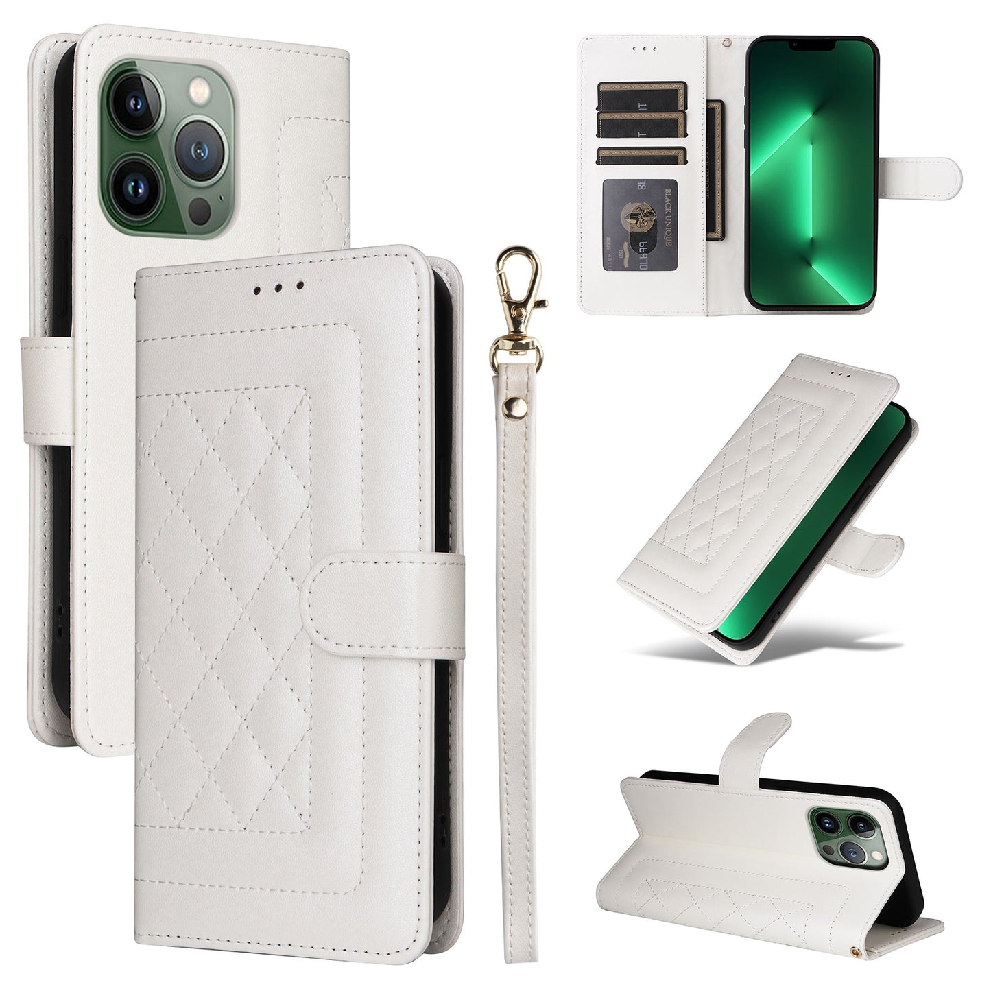 iPhone 13 Pro Diamond Lattice Leather Flip Phone Case - Durable and Convenient Holder with Precision Cutouts