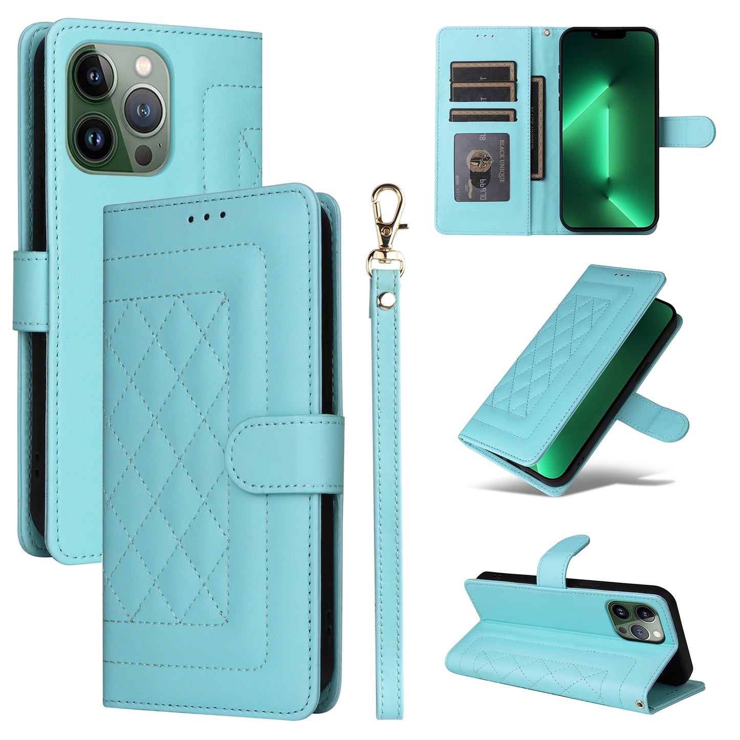 iPhone 13 Pro Diamond Lattice Leather Flip Phone Case - Durable and Convenient Holder with Precision Cutouts