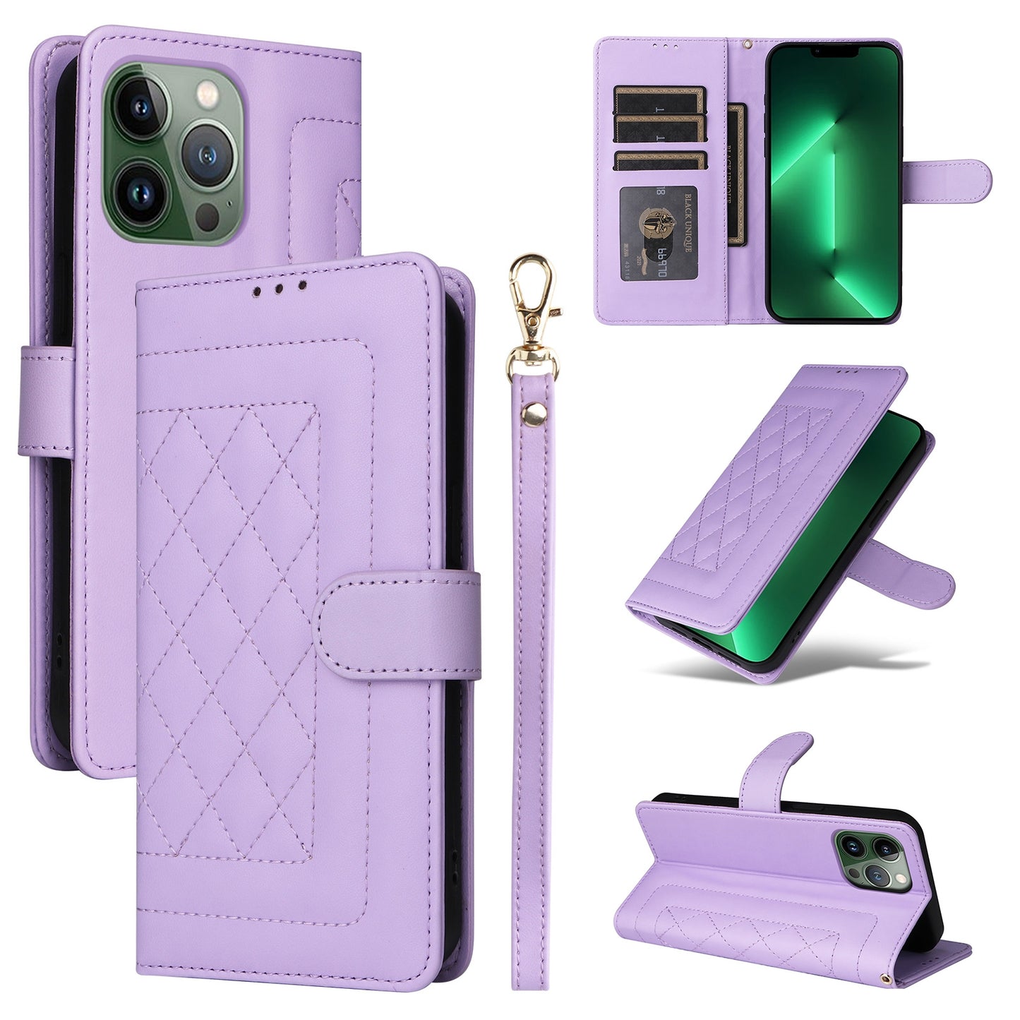 iPhone 13 Pro Diamond Lattice Leather Flip Phone Case - Durable and Convenient Holder with Precision Cutouts