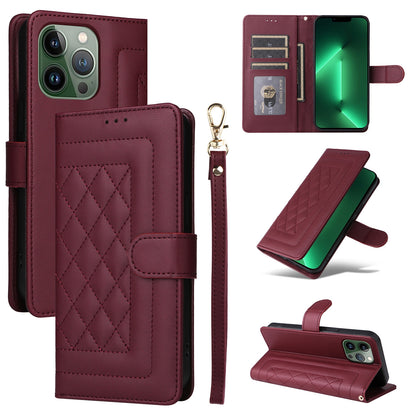 iPhone 13 Pro Diamond Lattice Leather Flip Phone Case - Durable and Convenient Holder with Precision Cutouts