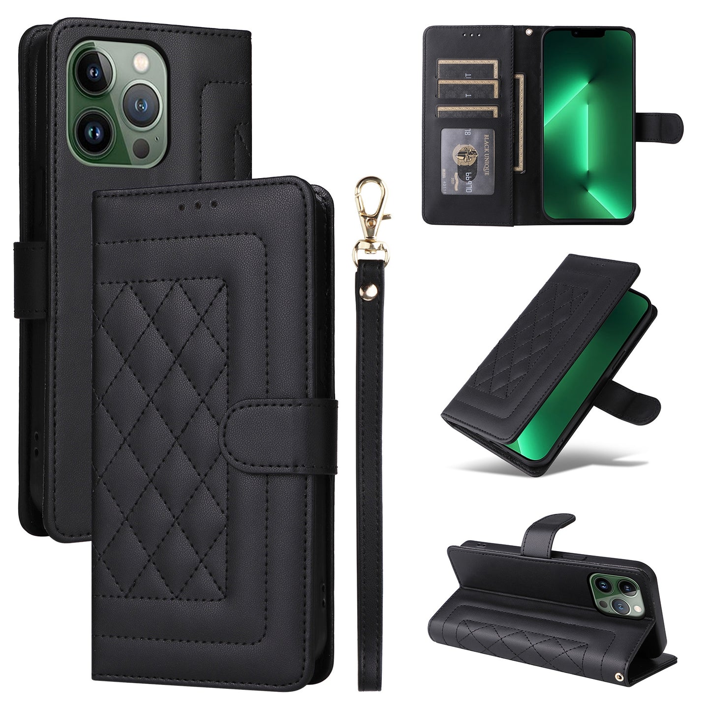 iPhone 13 Pro Diamond Lattice Leather Flip Phone Case - Durable and Convenient Holder with Precision Cutouts
